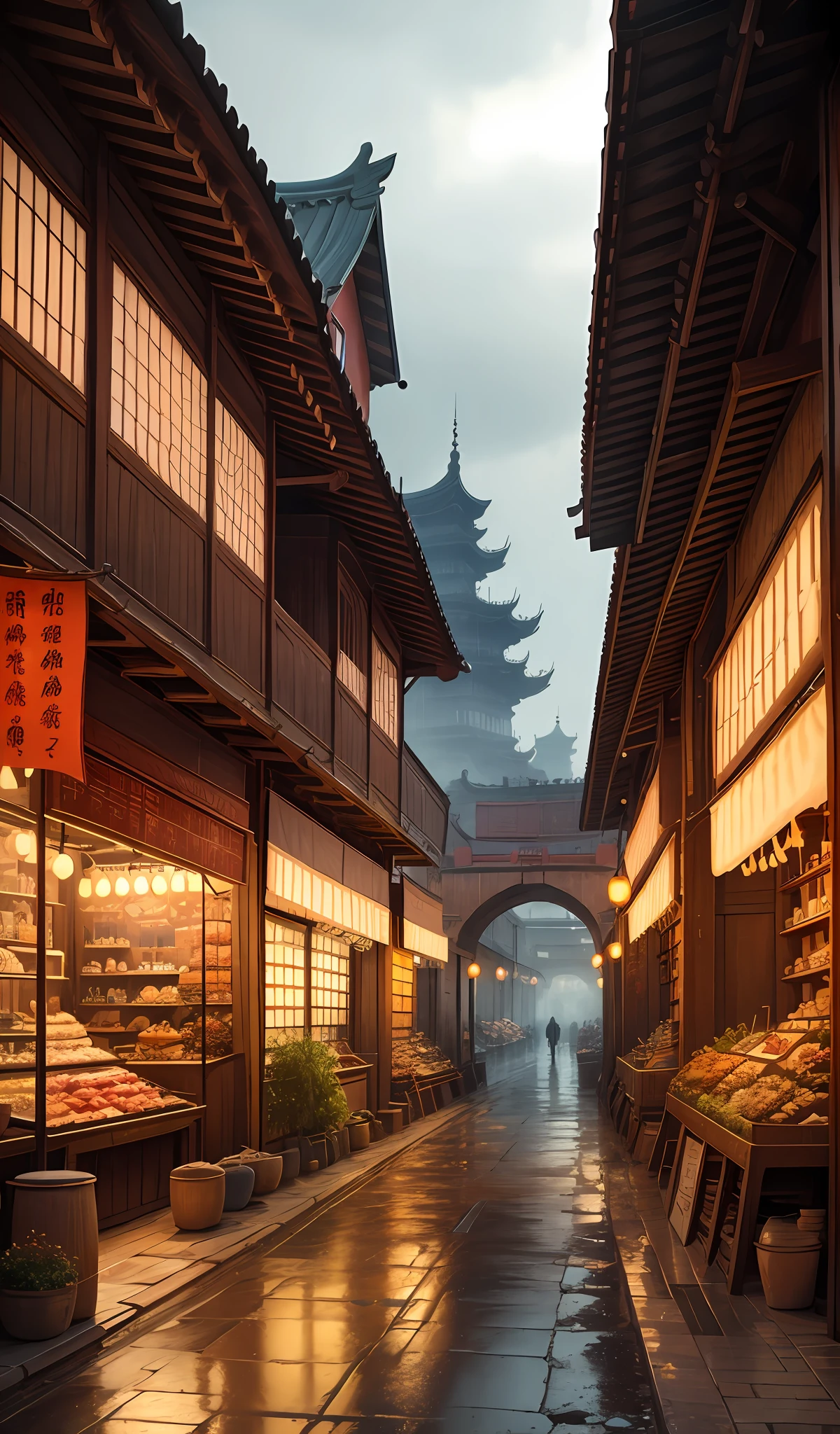 ((masterpiece)),((best quality)),((high detial)),((realistic,)) Industrial age city,Deep valley in the middle,architectural streets,bazaars,Bridges,rainy sky,steampunc,Chinese style buildings,Xianxia