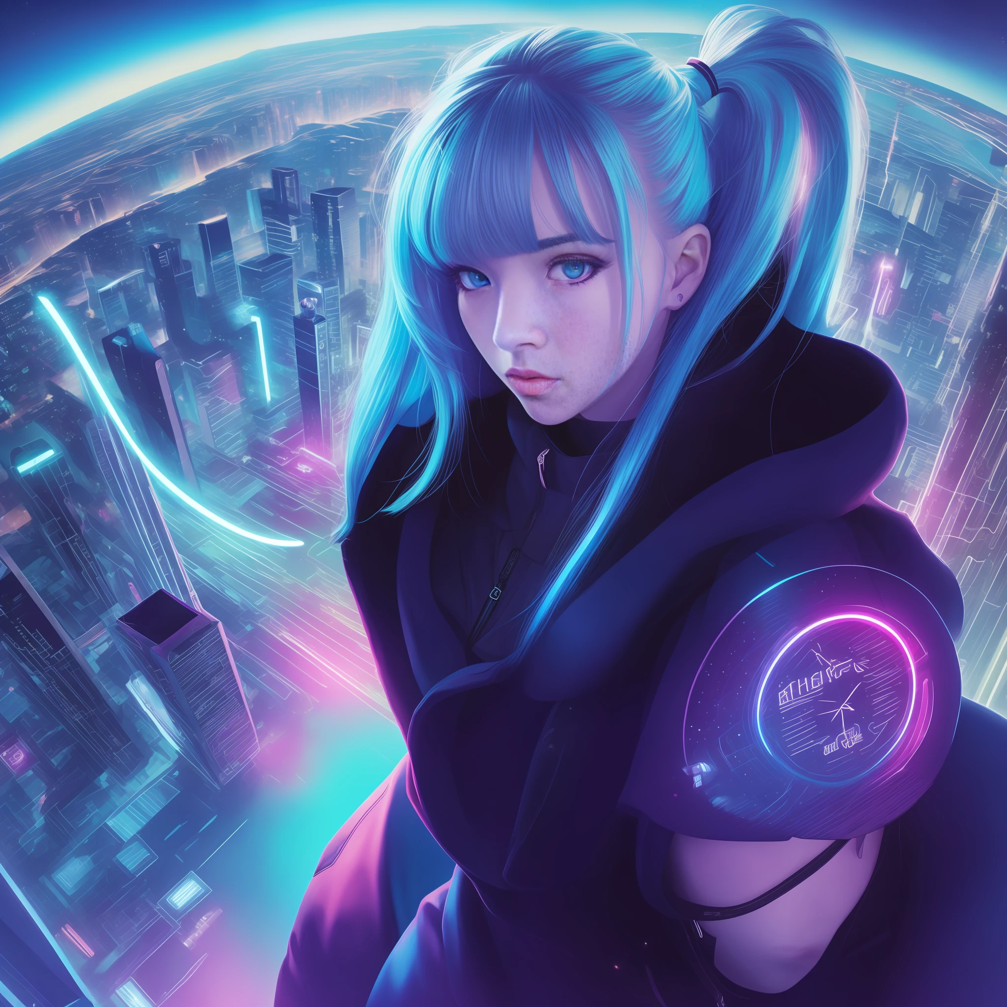 a black trench coat,schoolgirls,pony tails,cyber punk perssonage ,katana swords,the night,neonlight