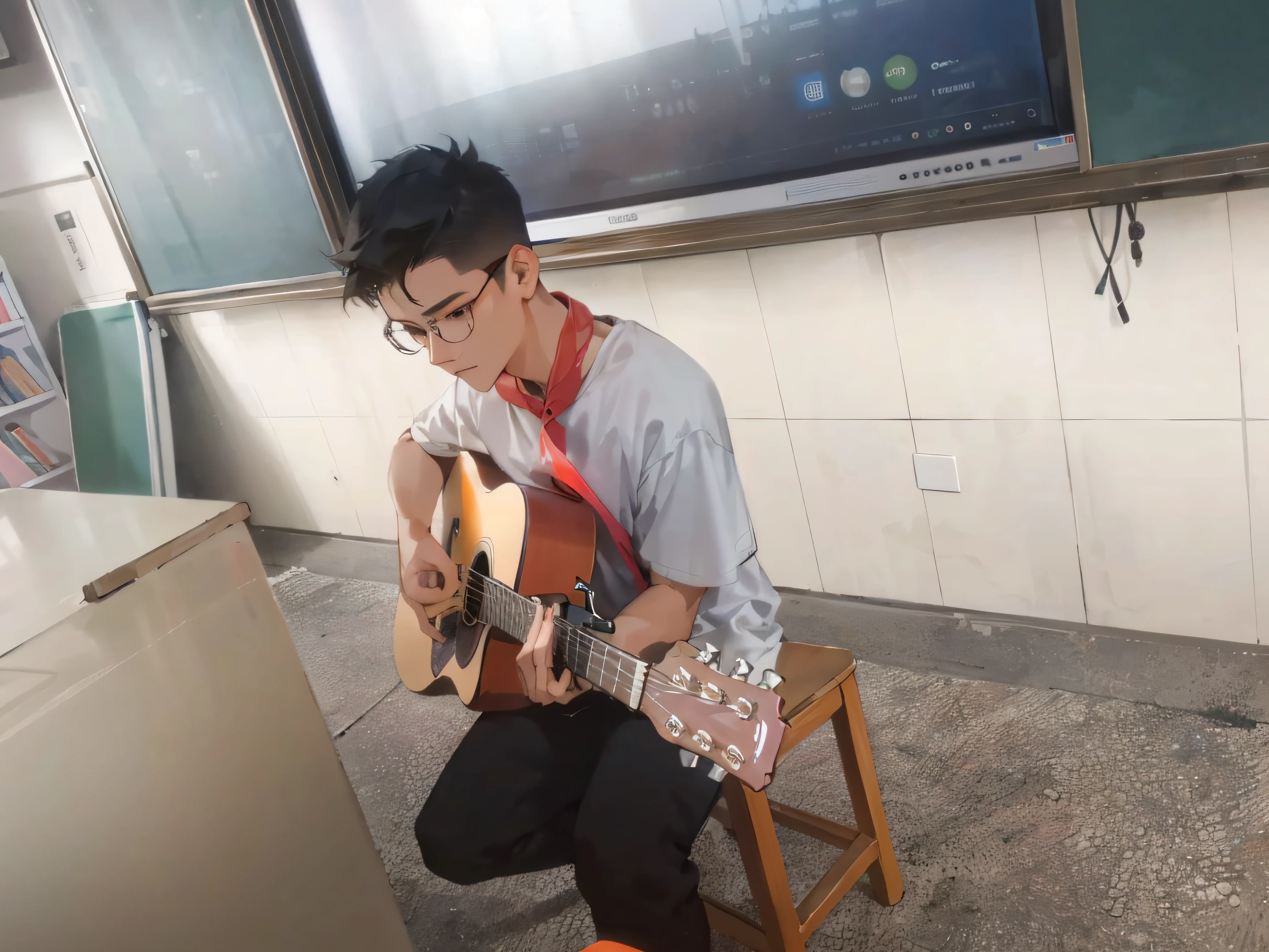 There was a young man sitting on a stool playing guitar, guitar solo, Student, plays the guitar, Inspired by Song Maojin, inspired by Huang Gongwang, inspired by Zhang Zongcang, Playing guitar, inspired by Song Xu, plays the guitar, inspired by Li Shixing, Cai Xukun, inspired by Bian Jingzhao