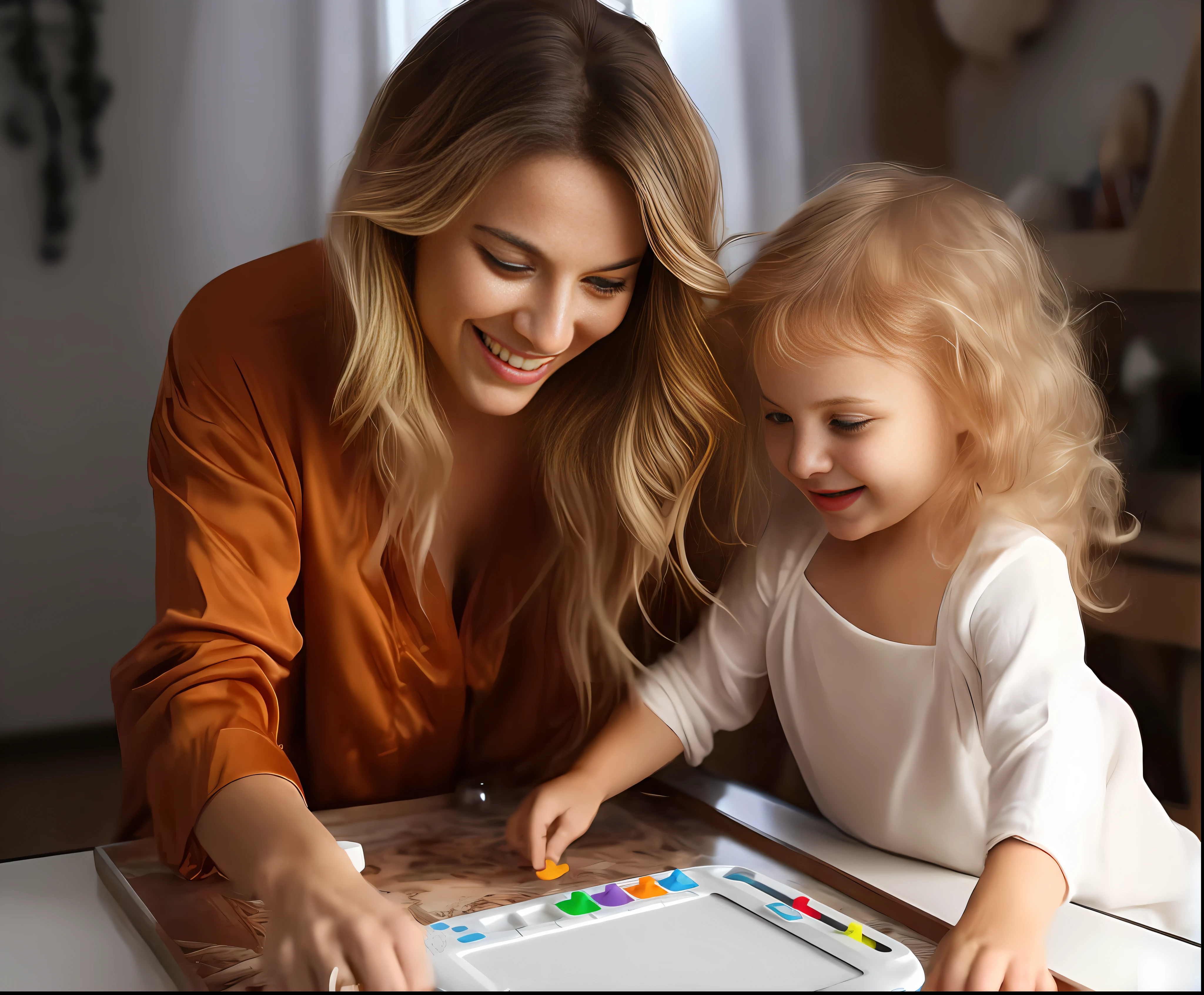 Women and children playing board games on table, using a magical tablet, kids drawing, with a child, detalhe poderoso, Artistic interpretation, Digital masterpiece, Playing games, warm and joyful atmosphere, amazing art, playing board games, tabletop game board, Digital artwork, stunning design, ai assisted digital painting, Artis, amazing depth, Unique design