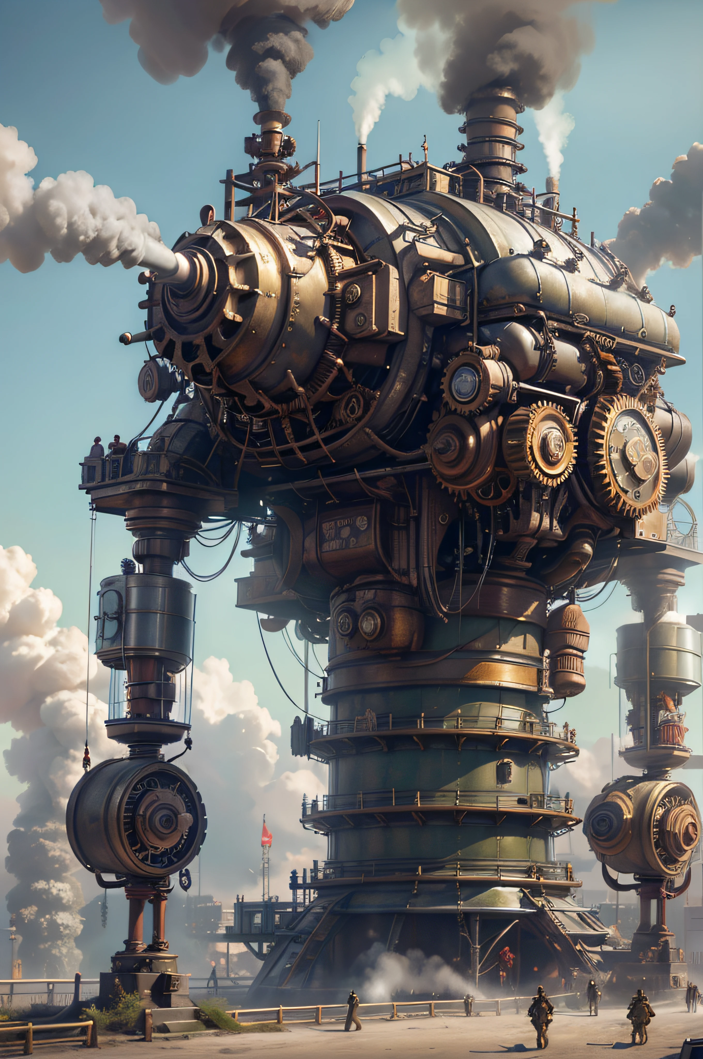 uma mulher, with gears are attached to the head, master part,melhor qualidade,fotorrealista,melhor sombra,delicado,....RAW,ultra high-resolution,Arte hiper-realista,gallery-grade work, Arte Oficial, wallpaper forced, 64 mil, ultra precise, visualmente impressionante, Obra-prima sublime, peak clarity, 1 enorme cidade Steampunk, High-rise buildings covered by behemoth-like mechanical devices, show a scene of sharp contrast,Uma camada de nuvens subindo desordenadamente sobre a cidade,Huge steampunk buildings,The surface is covered with complex gears and mechanical devices, (eyesight,full view,corpo inteiro:1.2),(Nas paredes da cidade Steampunk, 1 soldiers in strong mechanical armor, Handheld Steam Gun, Guard the safety of the city:1.2),Steampunk,dirigible, Steam robot,