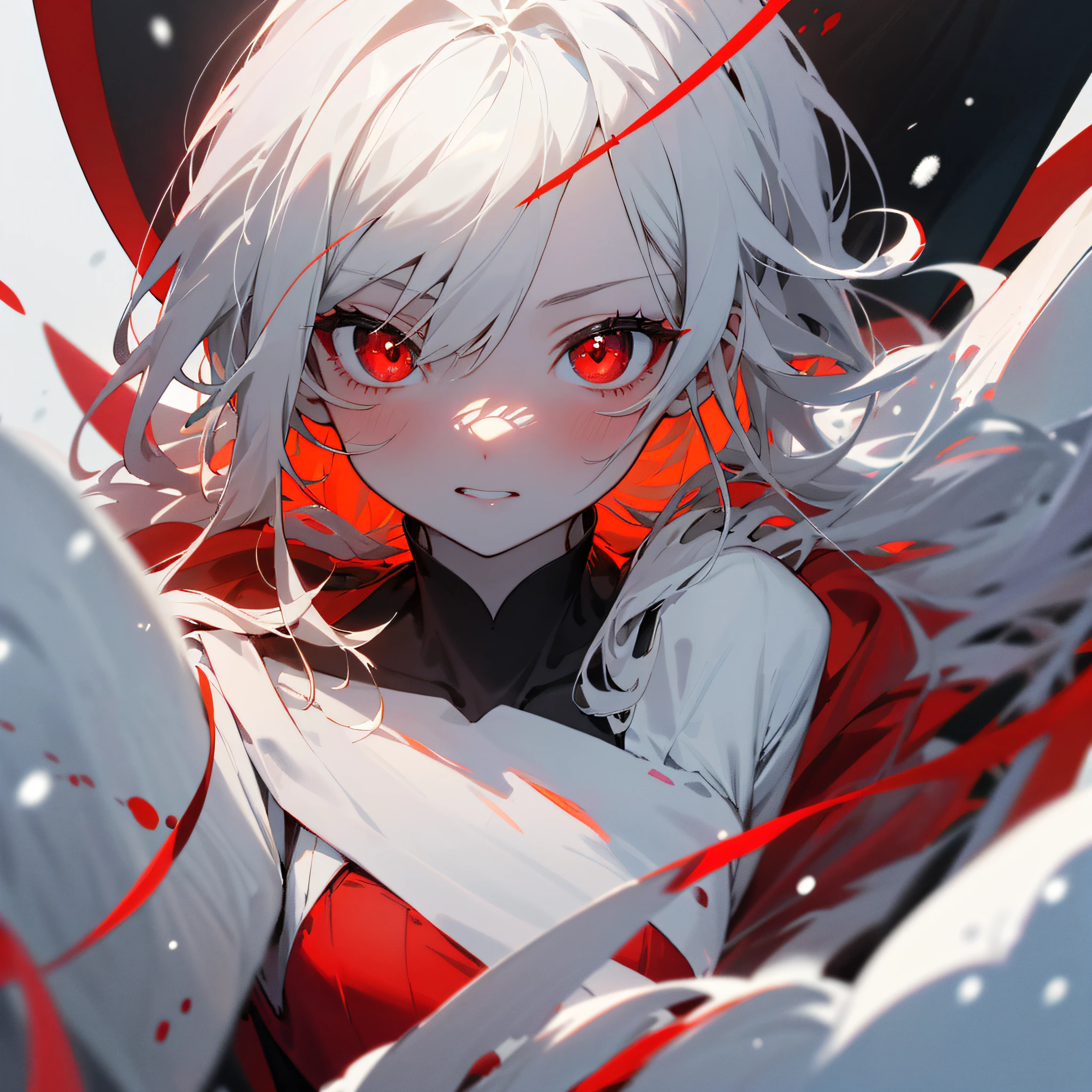 Best quality mode,The picture is fine,Beautiful teenage girl,White is the main color,Red is a sub-hue,whaite hair,red pupils,Red top,Red moire skirt,Snow-white skin,half-body portrait,Extreme refinement