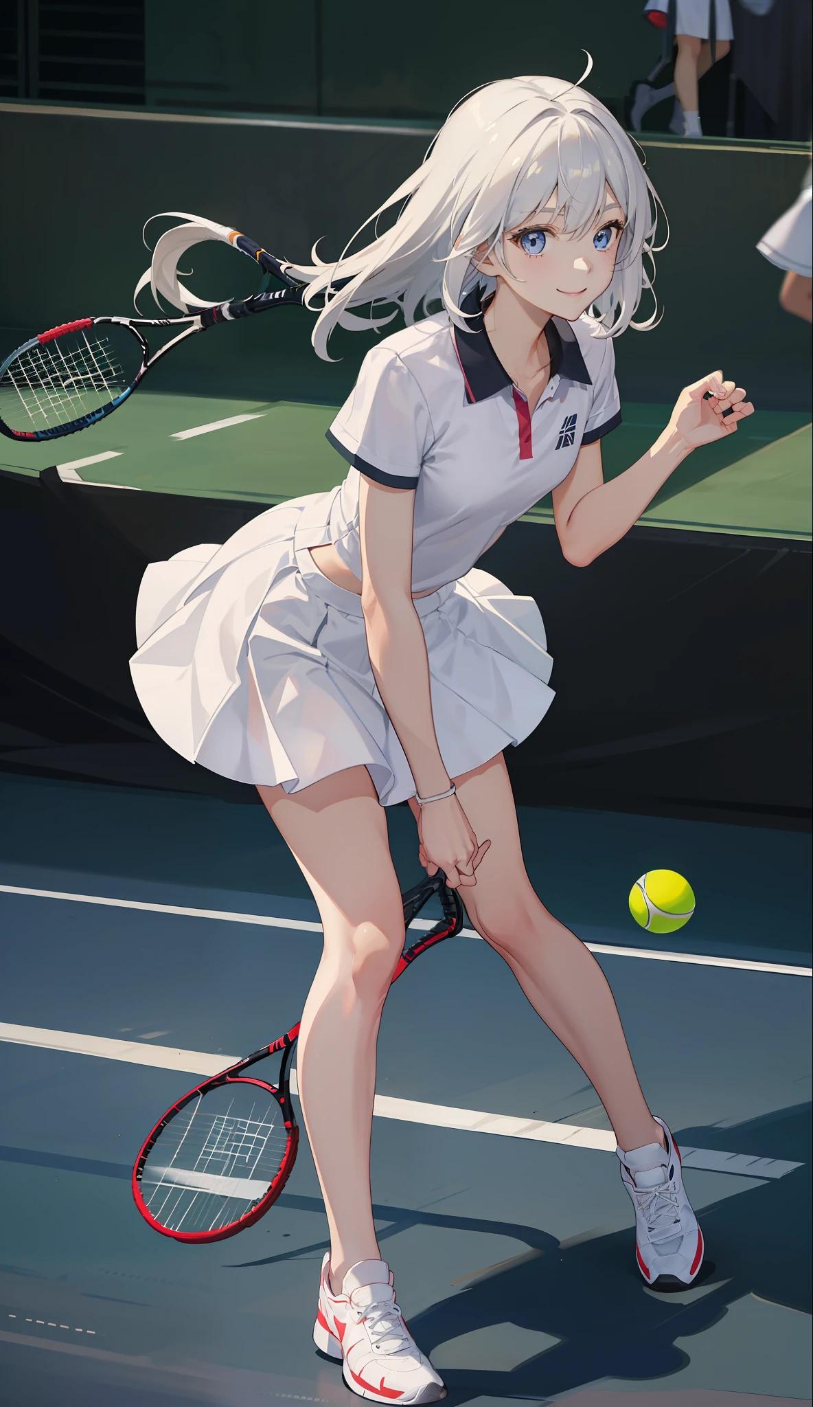 1The girls、Shirts、pleatedskirt、17 age、Bob Hair Style、A smile、A delightful!、japanes、enmaided、Chromo-white skin、Beautiful eyes、(small tits)、Playing tennis、Wimbledon、Wearing white tennis wear、电影灯光、