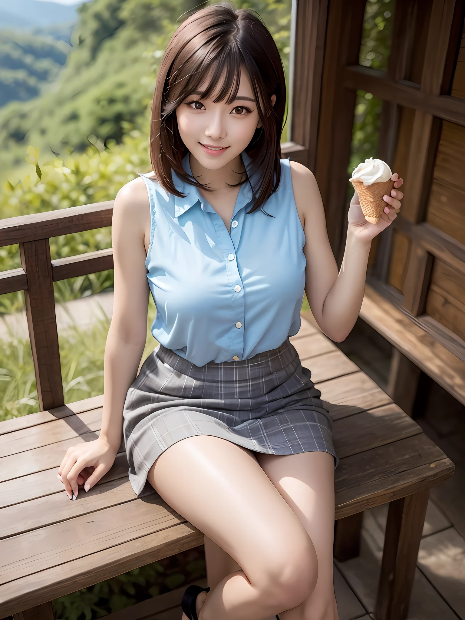 mastepiece, 1 girl per 1 photo, full body shot, front view, a Japanese young pretty girl, sitting alone on a chair of a open cafe surrounded by mountains of a countryside of Japan, having an ice cream in her hand with a big smile, glamorous figure, wearing a sleeveless light blue blouse with collared, wearing a light brown short culottes skirt, naked feet with low heels sandals, hyper cute face, glossy lips, double eyelids for both eyes, natural makeup, shiny smooth light brown hair of long bob hair, asymmetrical bangs, tanned skin, central image, 8K resolution, high detail, detailed hairstyle, detailed face, cinematic lighting, octane rendering, hyper realistic, perfect limbs, perfect anatomy