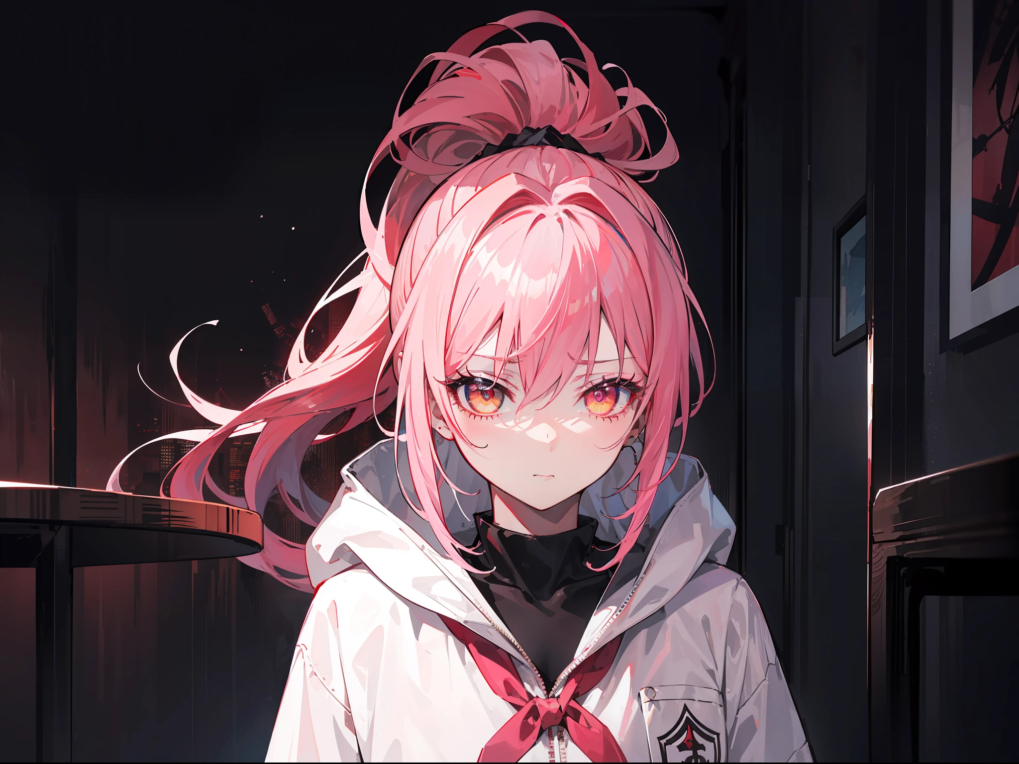 "Epic dark atmosphere, stunning 4k artwork featuring a scared girl with ponytail pink hair. Very sharp golden eyes. She was wearing white school Coat. She hiding under table and looks scared"