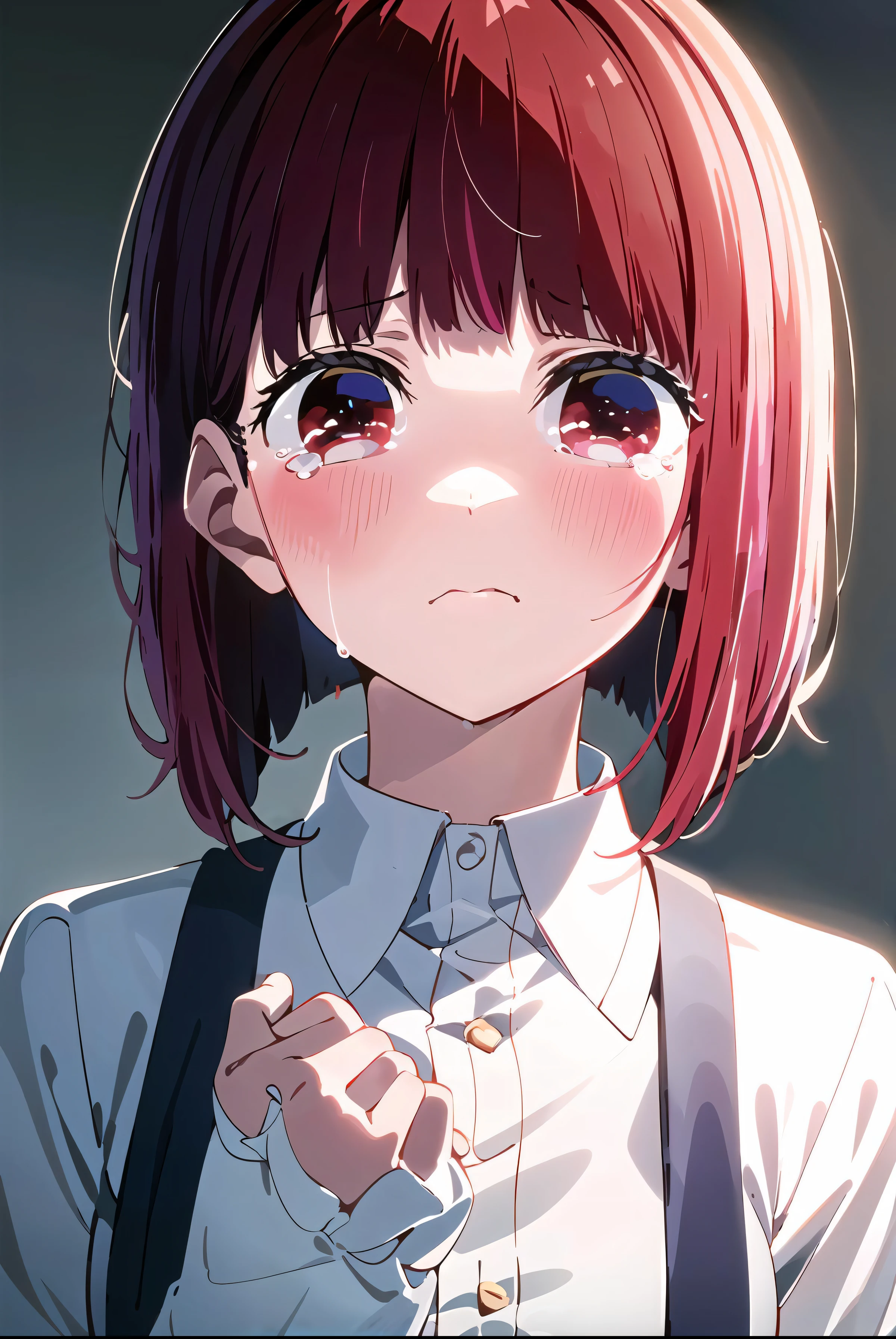 (masterpiece, best quality, highres),
arima kana \(oshi no ko\),
tears, crying, sorrow, sad, dark background,
