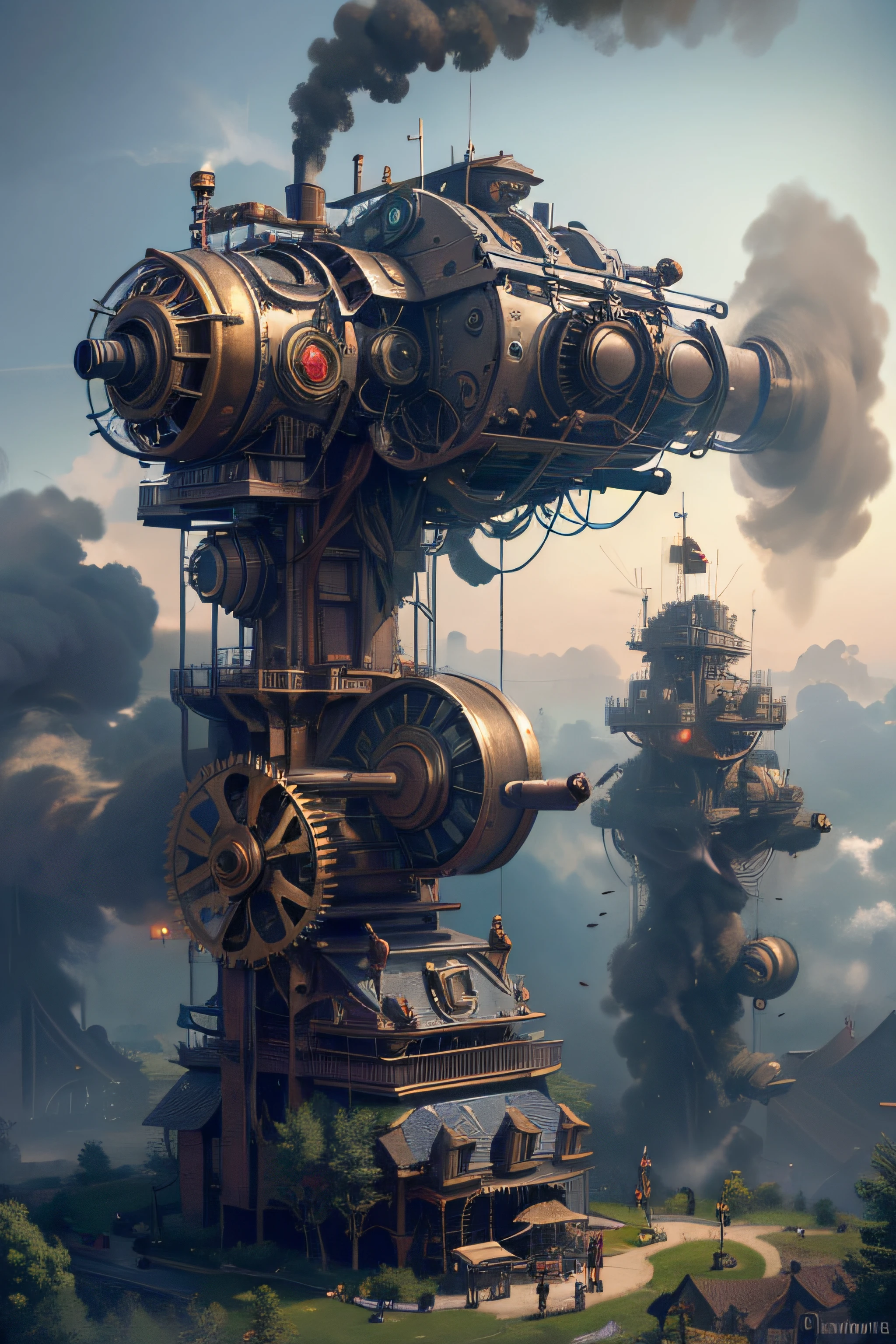 master part,melhor qualidade,fotorrealista,melhor sombra,delicado,..RAW,ultra high-resolution,Arte hiper-realista,gallery-grade work,Arte Oficial,wallpaper forced,64 mil,,ultra precise,visualmente impressionante,Obra-prima sublime,peak clarity,1 enorme cidade Steampunk,High-rise buildings covered by behemoth-like mechanical devices,show a scene of sharp contrast,Uma camada de nuvens subindo desordenadamente sobre a cidade,Huge steampunk buildings,The surface is covered with complex gears and mechanical devices,(eyesight,full view,corpo inteiro:1.2),(Nas paredes da cidade Steampunk,1 soldiers in strong mechanical armor.,Handheld Steam Gun,Guard the safety of the city:1.2),Steampunk,dirigible,Steam robot,