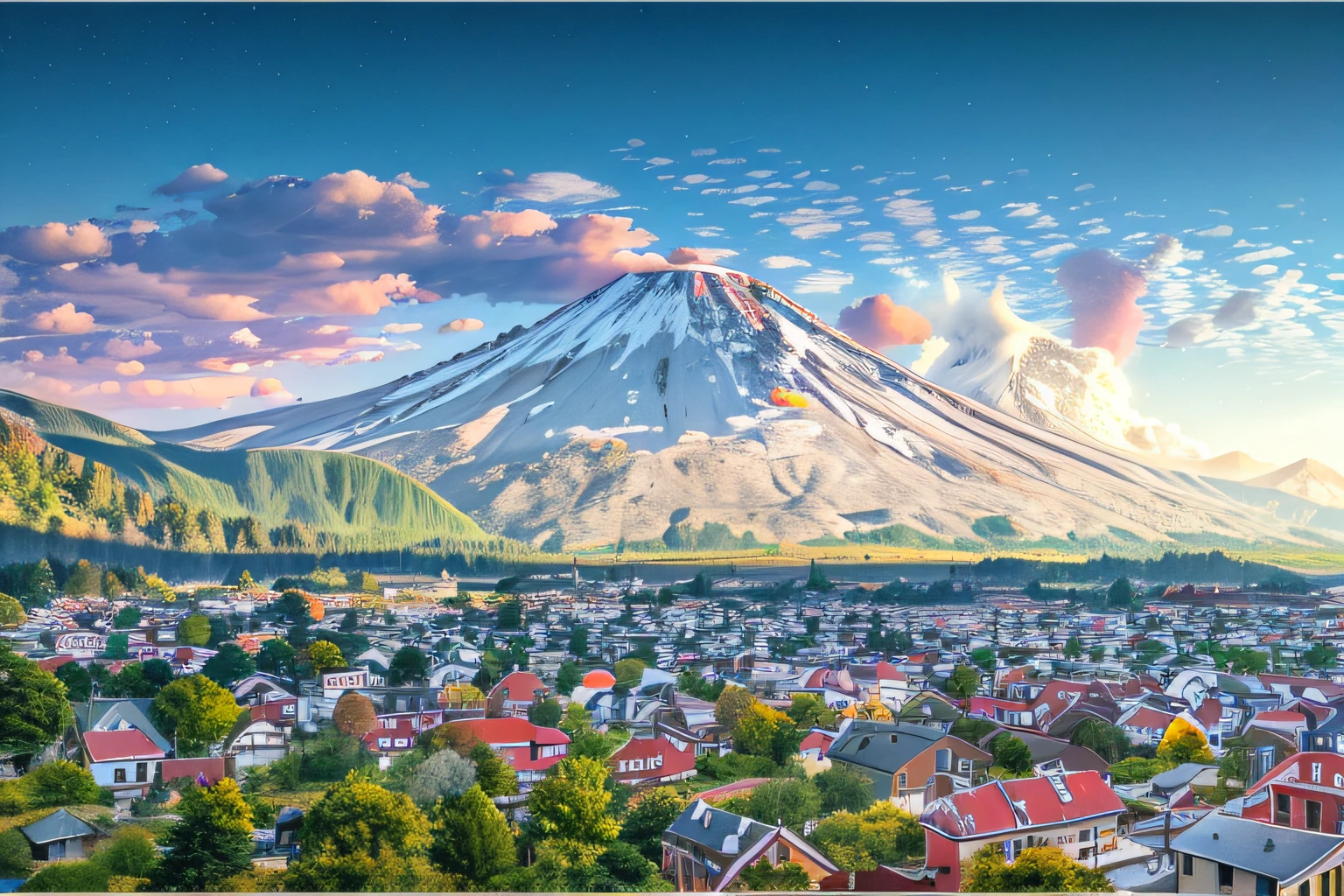 View of the city of Aalfid with mountains as a backdrop, ❤🔥🍄🌪, volcano in background, volcano in background, Dwellings under the volcano