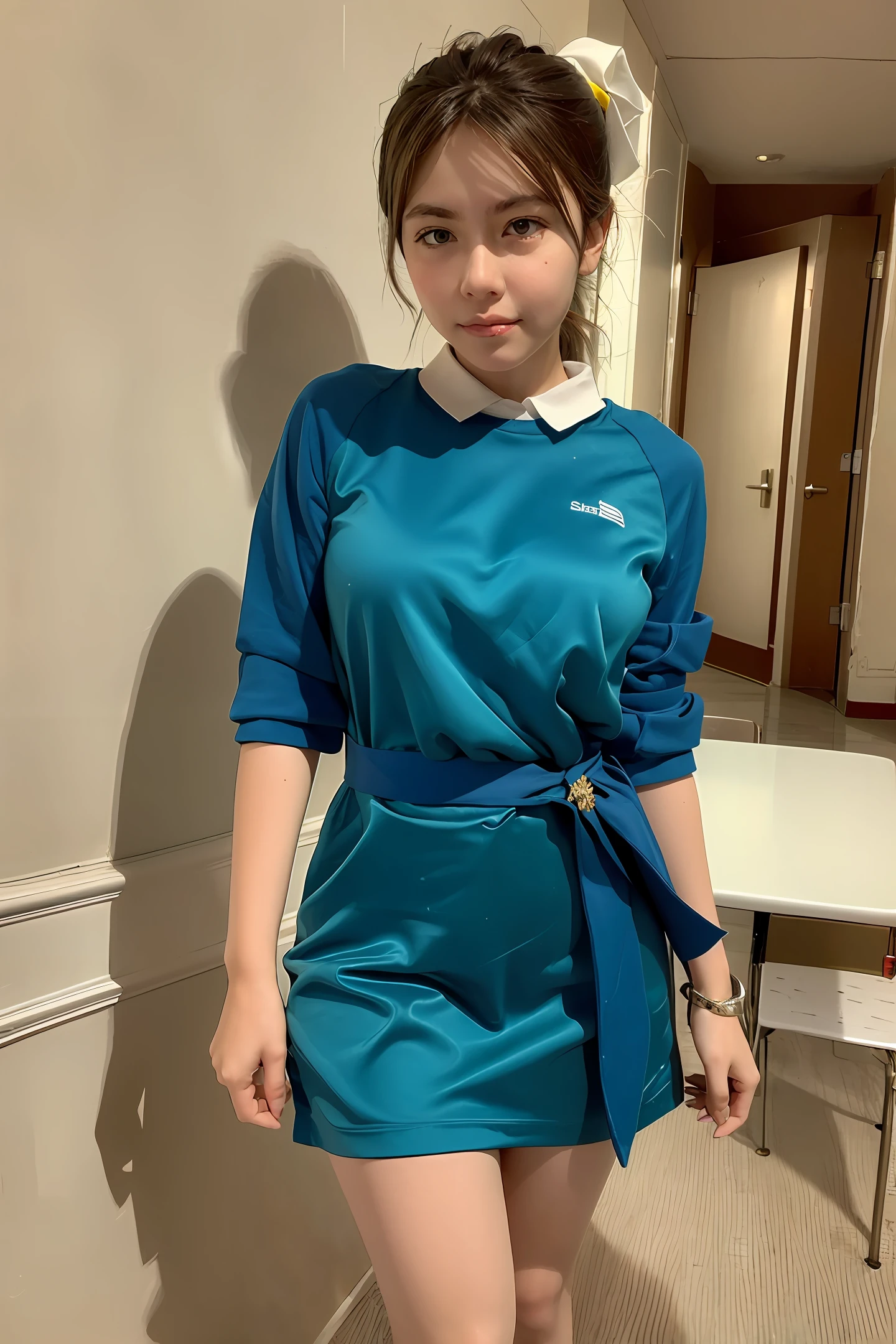 18-year-old girl,Goose egg face,The skin is milky white,The eyes are as clear as a stream;Delicate and weak,With a breath of fresh air,The loose school uniform cannot hide the proud curves that far exceed the same age,The waist-length green silk is tied into a low ponytail by a red ribbon。Full body photo,The background is a very detailed school building,Highest image quality,Sony lens