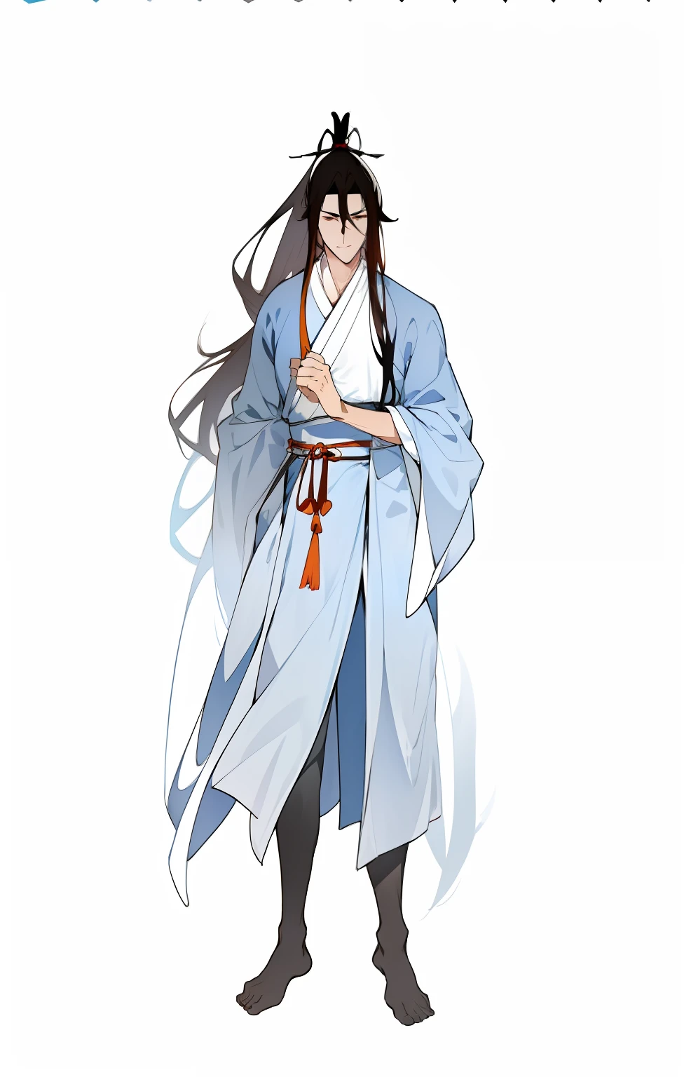 A man in a blue robe, full-body wuxia, flowing hair and long robes,full-body xianxia, brunette color hair, long whitr hair,The clothes have dark lines，Moire
