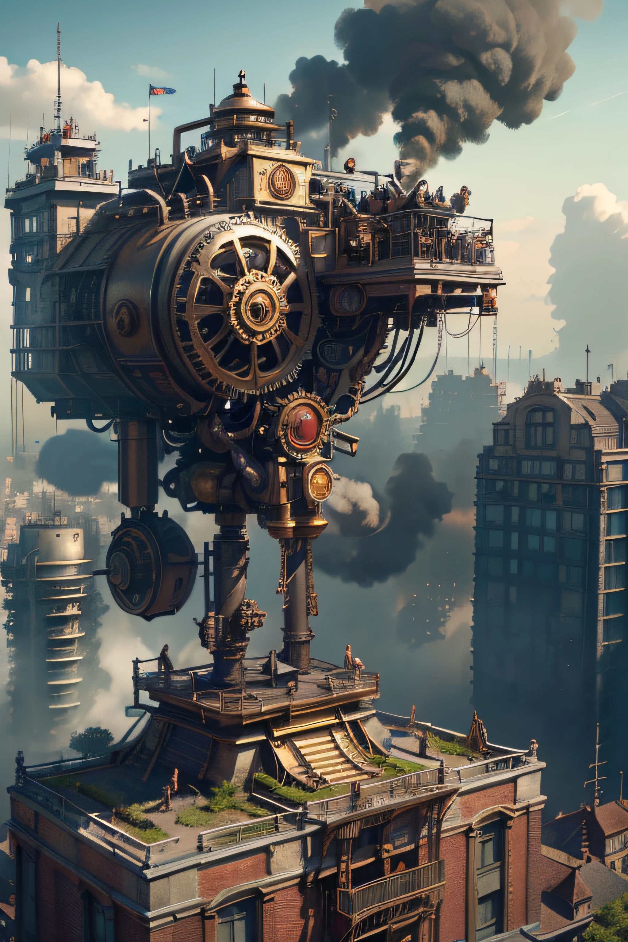 master part,melhor qualidade,fotorrealista,melhor sombra,delicado,..RAW,ultra high-resolution,Arte hiper-realista,gallery-grade work,Arte Oficial,wallpaper forced,64 mil,,ultra precise,visualmente impressionante,Obra-prima sublime,peak clarity,1 enorme cidade Steampunk,High-rise buildings covered by behemoth-like mechanical devices,show a scene of sharp contrast,Uma camada de nuvens subindo desordenadamente sobre a cidade,Huge steampunk buildings,The surface is covered with complex gears and mechanical devices,(eyesight,full view,corpo inteiro:1.2),(Nas paredes da cidade Steampunk,1 soldiers in strong mechanical armor.,Handheld Steam Gun,Guard the safety of the city:1.2),Steampunk,dirigible,Steam robot,