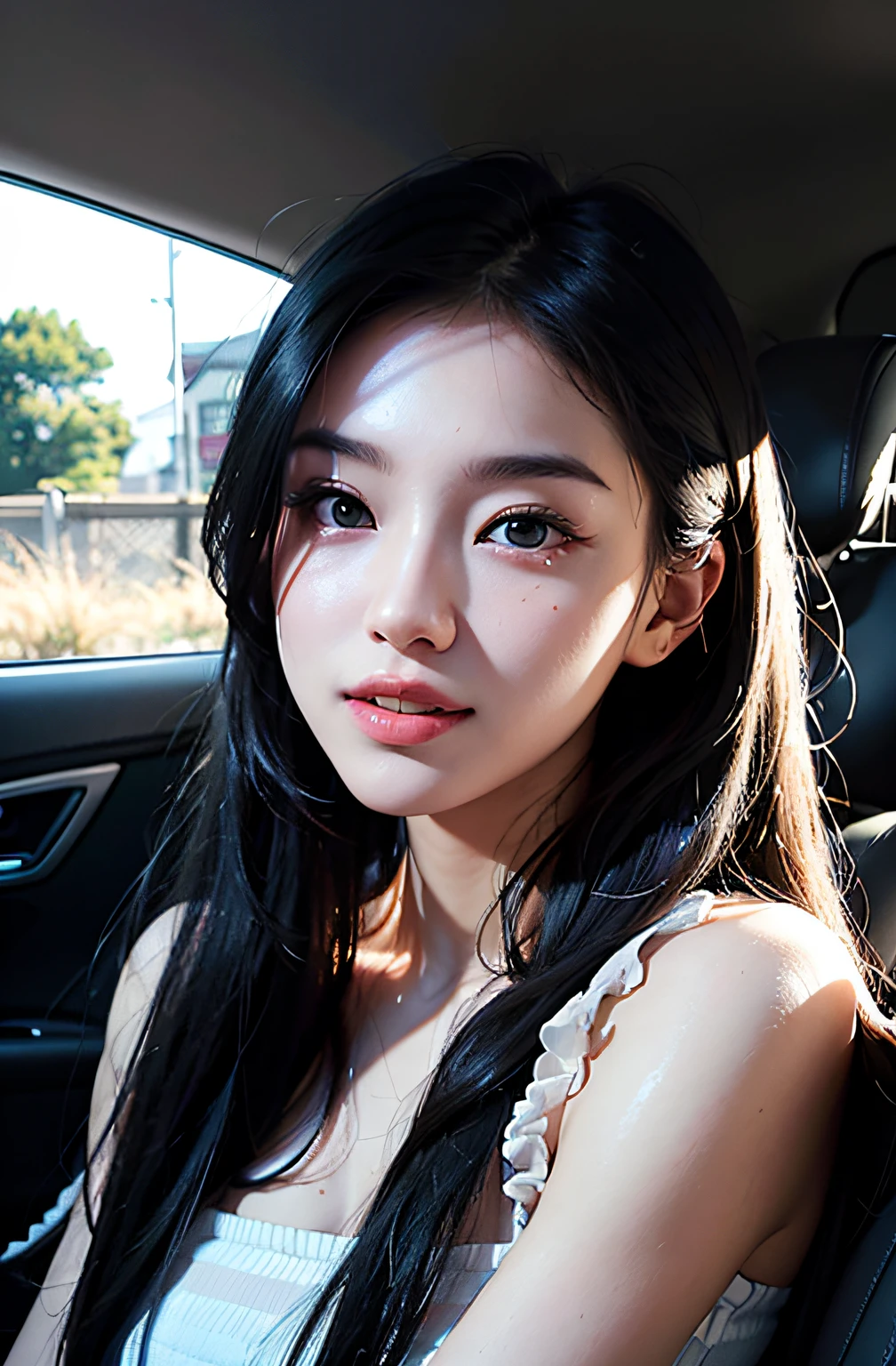 best qualtiy、​masterpiece、photoRealstic、intricate-detail、Raw foto、Photon Rendering、Octane Rendering、absurderes、ultra-detailliert、A detailed face、Detailed skin、Trending in art stations、8K Masterpiece、lighting like a movie、( (1girl in))、((独奏) ))、((Behold))、CG Social Trends、Plastic En、((Black Long Hair))、((Beautuful Women))、(A smile)、show the grinps、Upper teeth、Fashionable、summer clothing、Hair that flutters in the wind、((Flowing hair))、fashion magazine、A sexy、((lighting like a movie))、((inside of a car))、the morning sun、