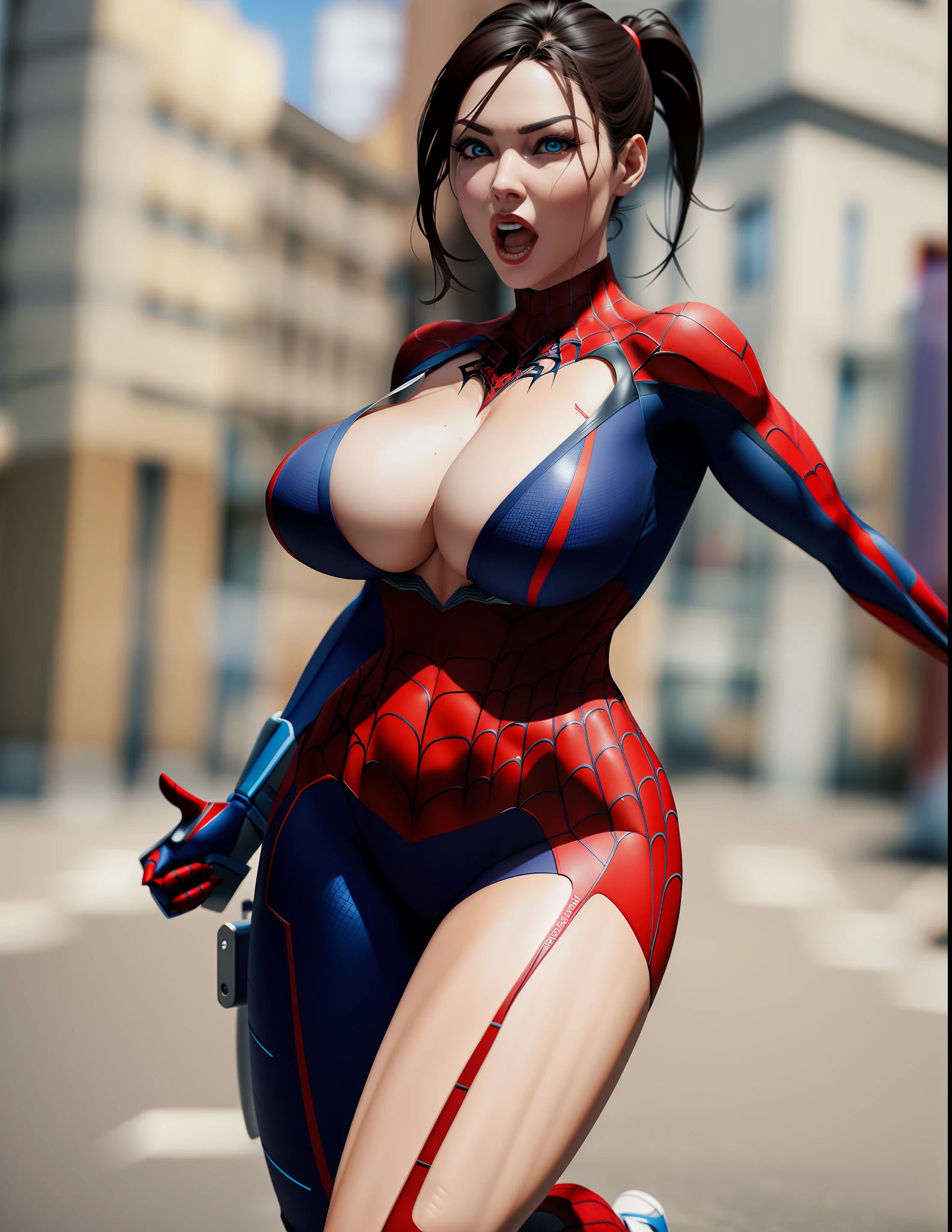 3D female Spider-Man Krasic,Sexy flying in the background,dynamicposes,tmasterpiece,A high resolution,realisticlying,best qualtiy,lighting perfect,AS-Adult,mature,femele,1girll,8K,realisticlying,photograph realistic,ultra - detailed,full bodyesbian,tmasterpiece, High- sharpness, high high quality, Detailed face, detailed body render, 1girll, 独奏,Sleeveless clothing,big cleavage breasts,, Sleeveless shirt,, Dark lips, Unzipped jacket, exhibitionism,No bras, breasts out,, standing on your feet, Be red in the face, (In the bedroom),Full body photo,Orgasmic face,Mouth open,