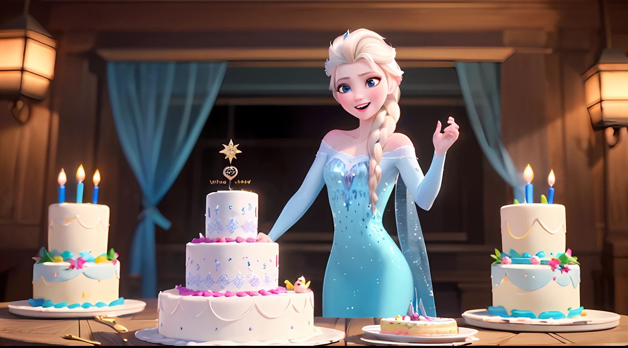 (Obra maestra:1.4), (Mejor calidad:1.4), (High resolution:1.4), Elsa de Arendelle, They are smiling, Vestido de Ice Queen, dormitorio, Mirando al espectador, Elsa de Arendelle with birthday cake