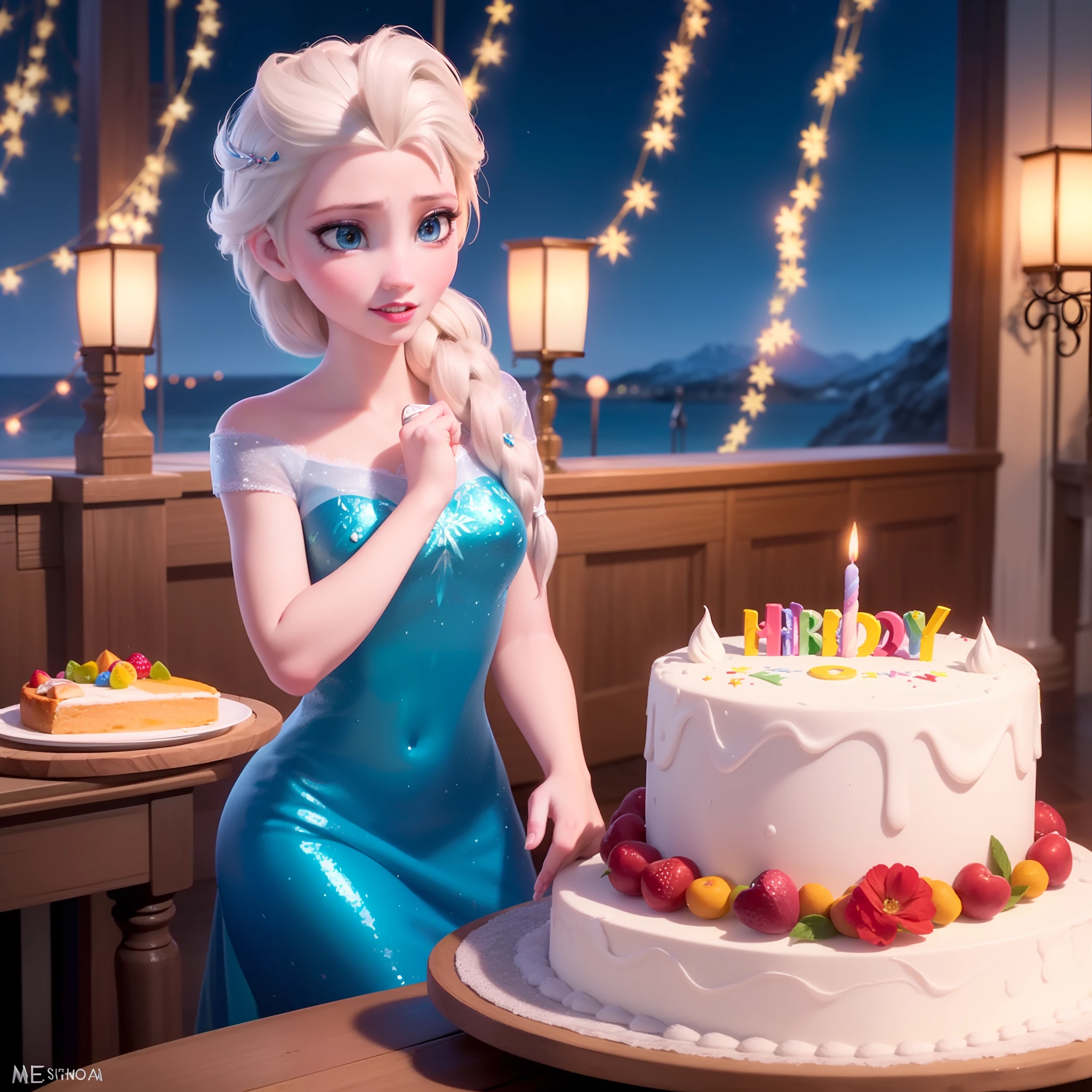 (obra maestra:1.4), (mejor calidad:1.4), (High resolution:1.4), (noche:1.2), (retrato:1.2), Elsa de Arendelle, vestido azul hielo, (single braid:1.1) ,single braid, Estilo disney, animacion disney, pelicula disney, ,fotografia profesional, Elsa holding a birthday cake