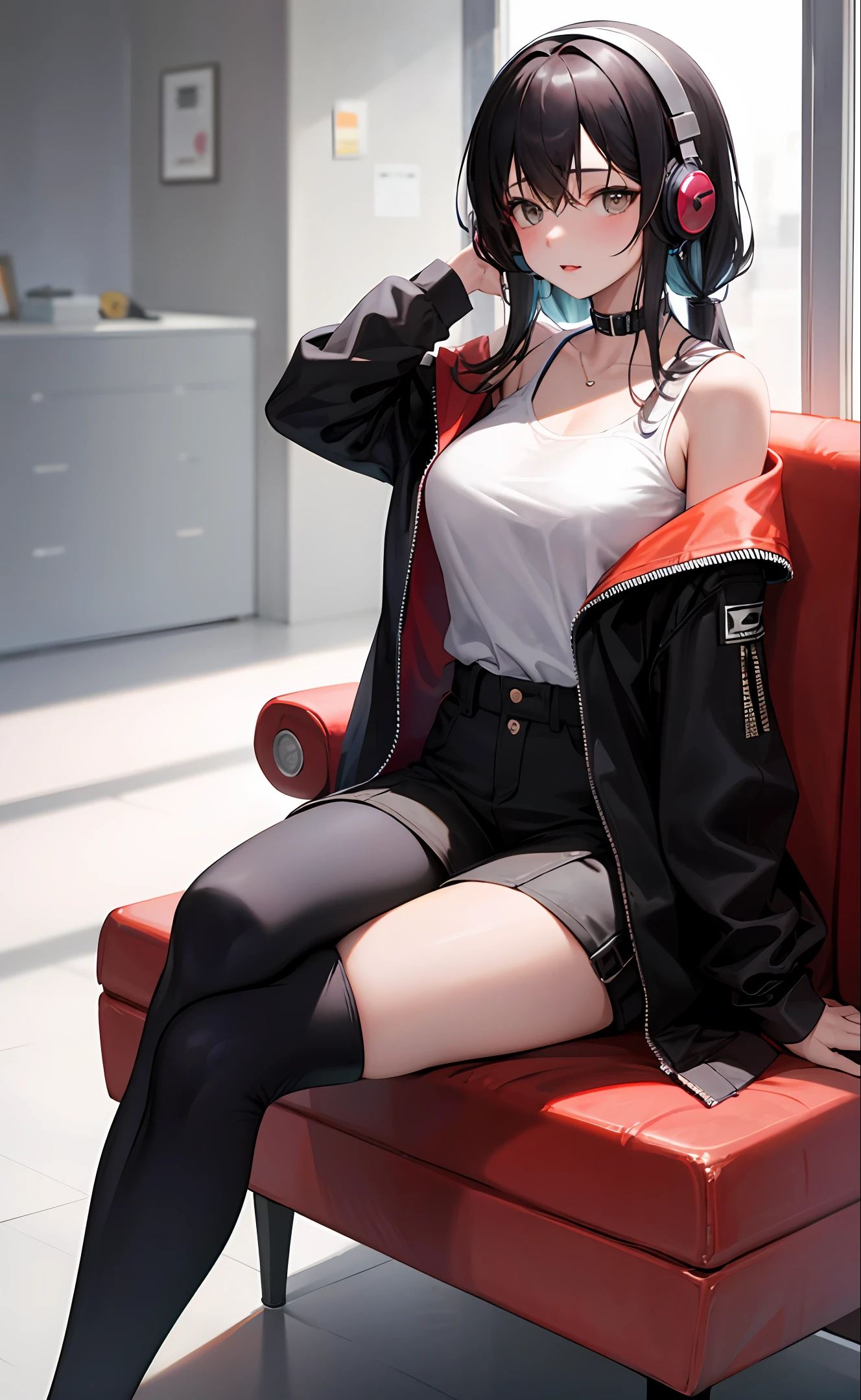 (realisticlying:1.2), 18yo Girl, Sexy attire, Sit Pose, JK,with headphone