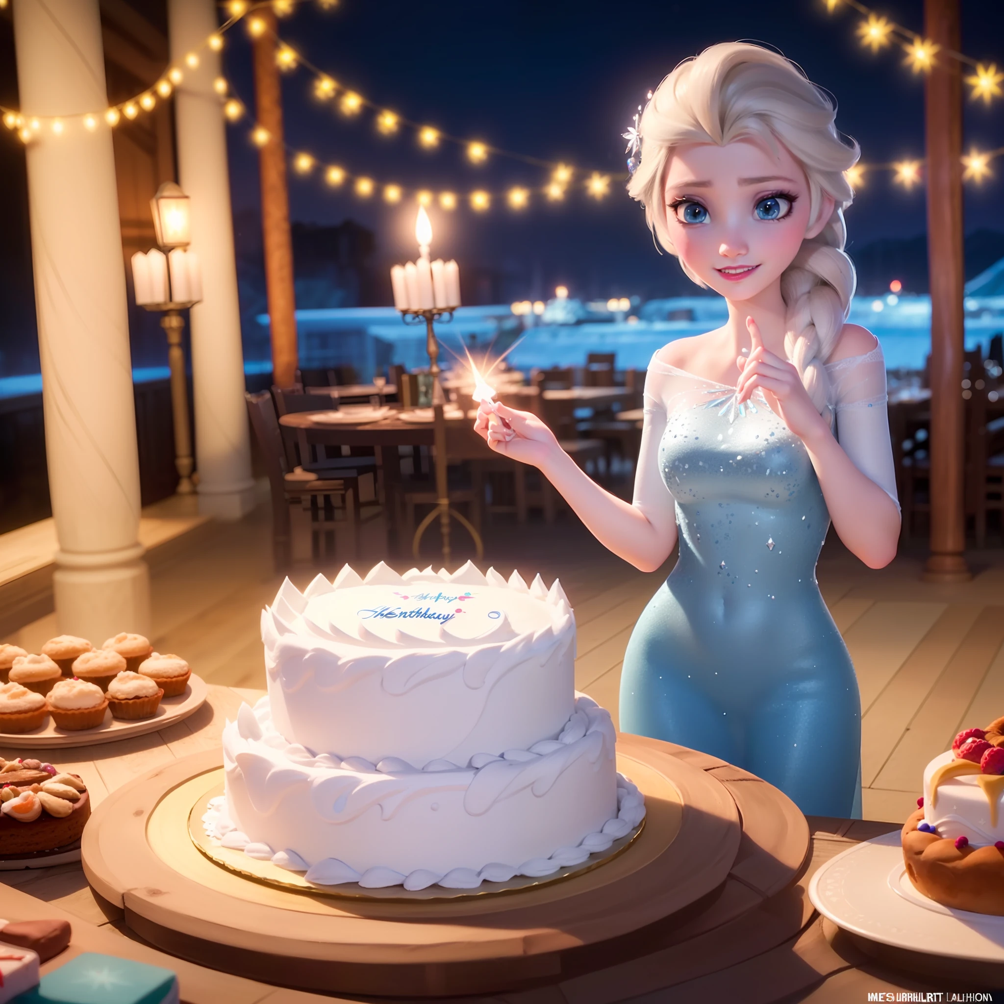 (obra maestra:1.4), (mejor calidad:1.4), (High resolution:1.4), (noche:1.2), (retrato:1.2), Elsa de Arendelle, vestido azul hielo, (single braid:1.1) ,single braid, Estilo disney, animacion disney, pelicula disney, ,fotografia profesional, Elsa holding a birthday cake