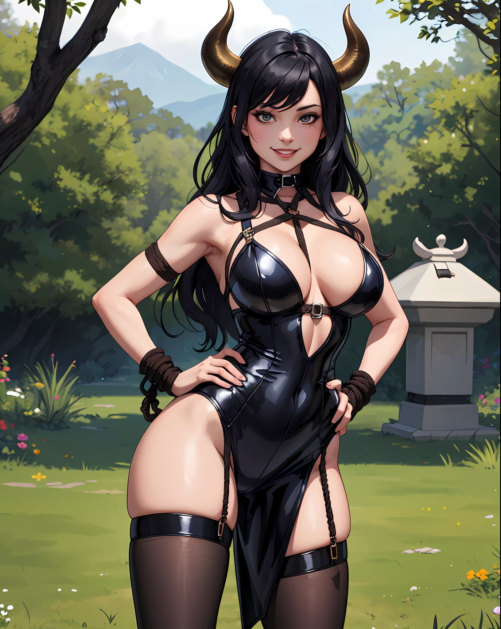 1girl,bondage outfit, dominatrix, standing,outdoors,black_hair,long_hair,bare_arms,pasties, hand on hip, light_smile,crotch rope, cow horns,