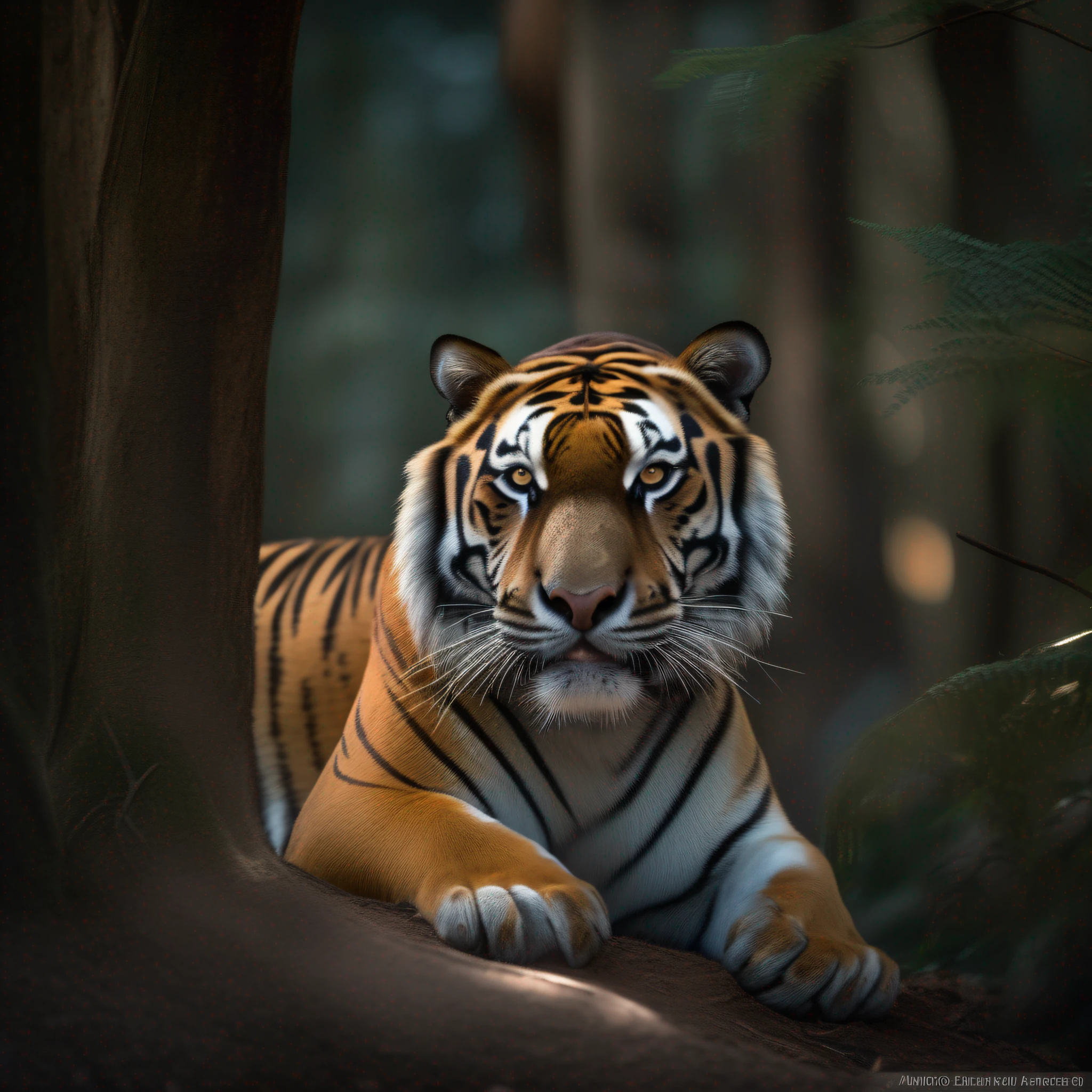 Subject: Majestic Tiger in the Enchanted Forest
Camera Equipment: Nikon D850 DSLR
Settings:
Lens: Nikon AF-S Nikkor 200-500mm f/5.6E ED VR
Aperture: f/5.6
Shutter Speed: 1/500 sec
ISO: 800
Lighting:
Soft, diffused natural light filtering through the forest canopy
Subtle rim light to highlight the tiger's majestic fur
Composition:
Closeup portrait of the tiger's face, capturing its intense gaze and powerful presence
The tiger positioned on a moss-covered rock, surrounded by lush vegetation and ancient trees
Framed by tree branches and foliage to add depth and a sense of immersion
Environment:
Enchanted forest with vibrant colors and an otherworldly atmosphere
Rays of sunlight peeking through the dense foliage, creating magical dappled light
Style:
Hyper-realistic with intricate details to showcase the tiger's fur texture and facial expressions
A touch of surrealism to enhance the enchanted forest theme
Colors blending harmoniously to evoke a dreamlike quality
Mood:
Majestic and mysterious, evoking a sense of awe and wonder
Peaceful yet filled with an underlying sense of power and strength
Medium:
High-quality digital photograph
Additional Notes:
The tiger should be depicted in its natural habitat, looking confident and at ease.
The enchanting atmosphere should make the viewer feel like they are stepping into a magical world.
The use of leading lines and depth of field should draw attention to the tiger's eyes, emphasizing its captivating presence.
Please generate a stunning image of this majestic tiger in the enchanted forest using the specified camera equipment, settings, lighting, composition, and style.