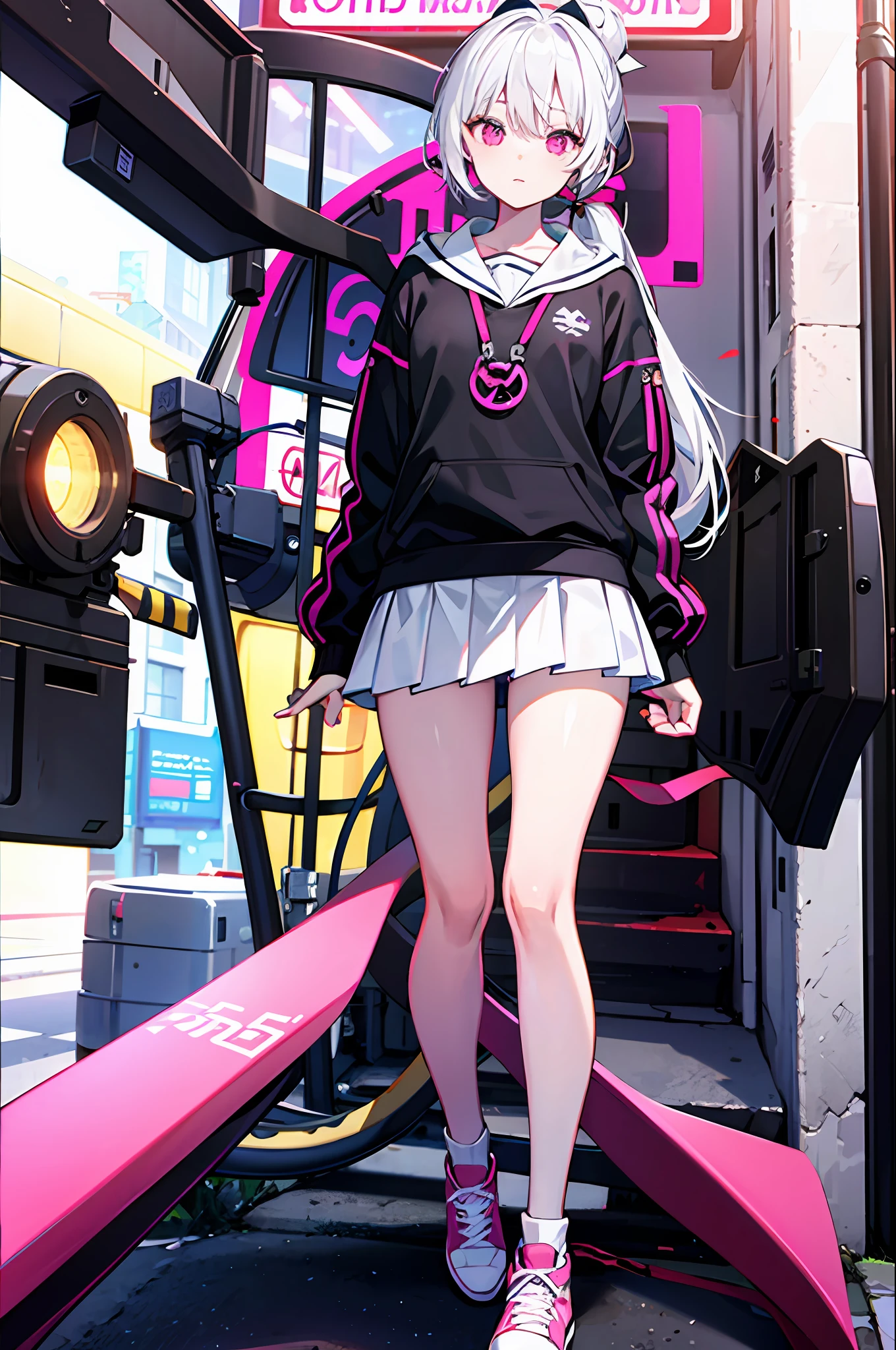 White ponytail，Pink eyes，A-line skirt