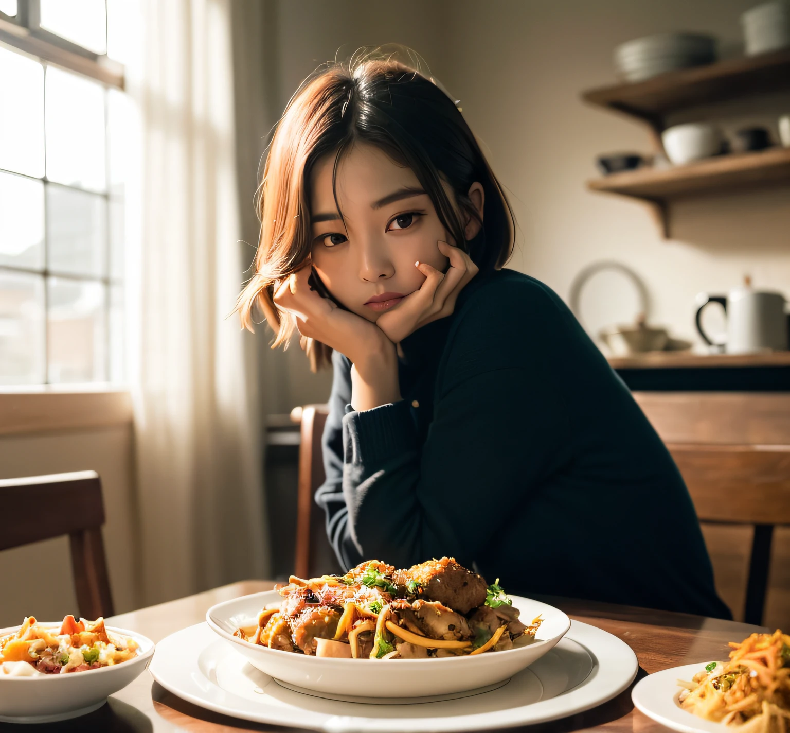 The Araved woman sat at the table,Carrying a plate of food, jaeyeon nam, ulzzangs, Shin Jinying, Choi Hyun-hwa, Lee Ji-eun, lee ji eun, lalisa manobal, 19-year-old girl, xintong chen, with short hair, taken with sony alpha 9, sakimichan