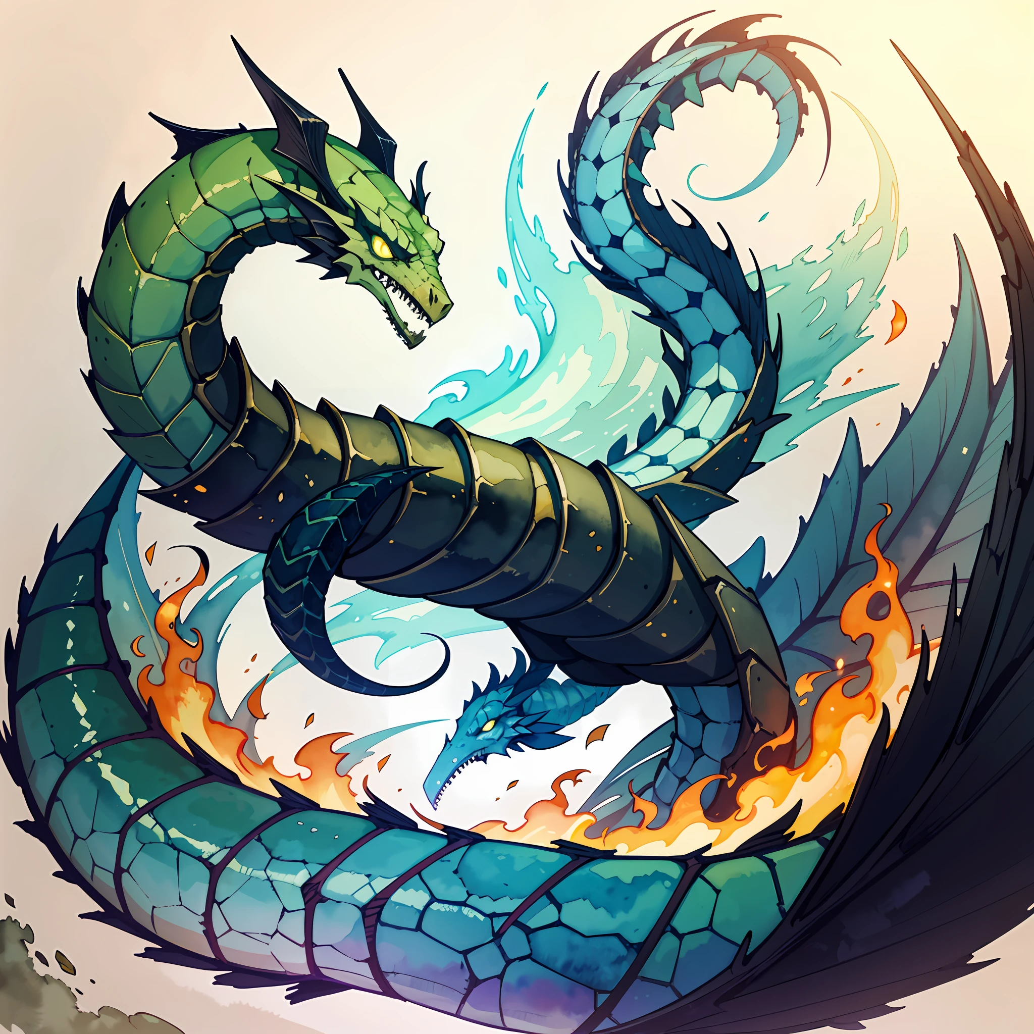 Apocryphal Bookwyrm which is a floating worm-shaped thing made of black bones black dust and eldritch green fire, floating in a green tinted landscape, masterpiece, best quality, (in watercolor painting style)