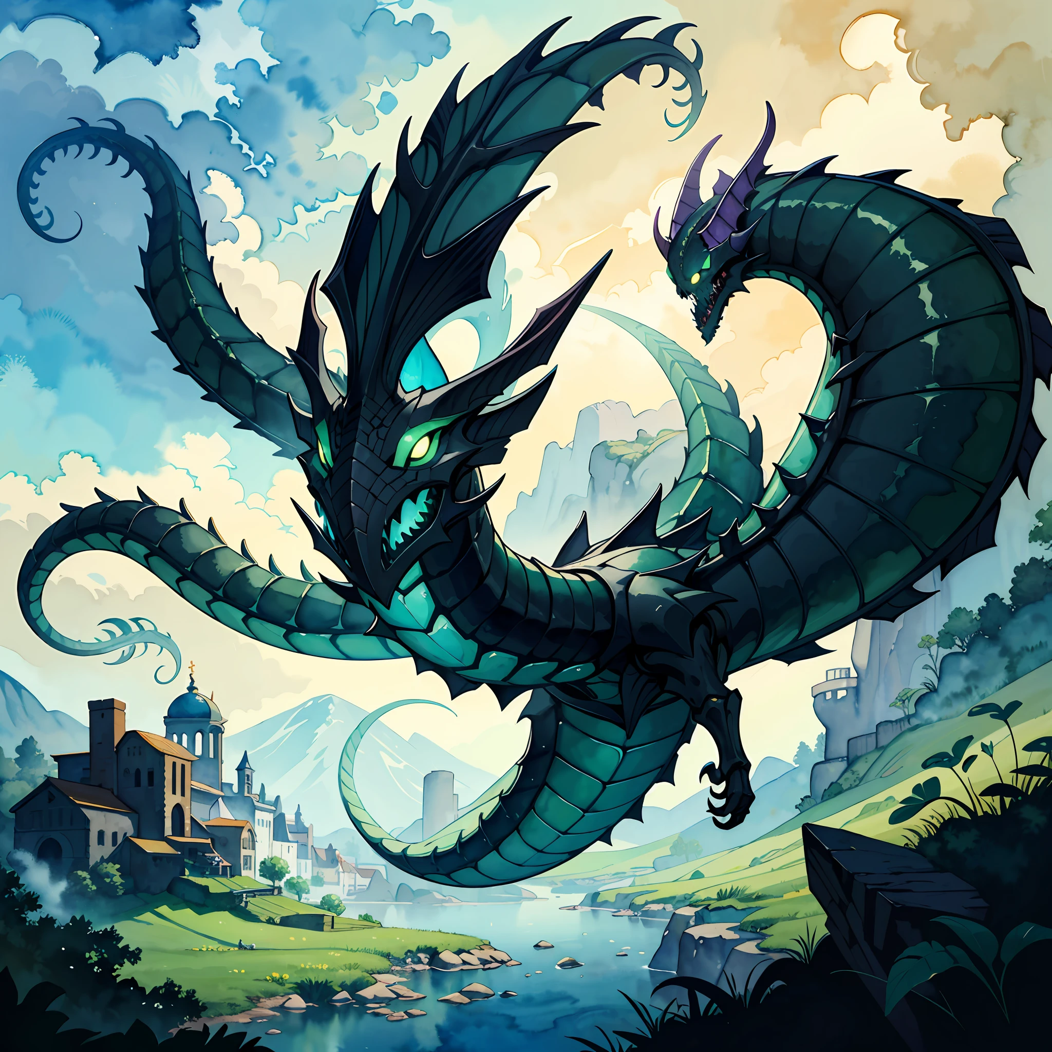 Apocryphal Bookwyrm which is a floating worm-shaped thing made of black bones black dust and eldritch green fire, floating in a green tinted landscape, masterpiece, best quality, (in watercolor painting style)
