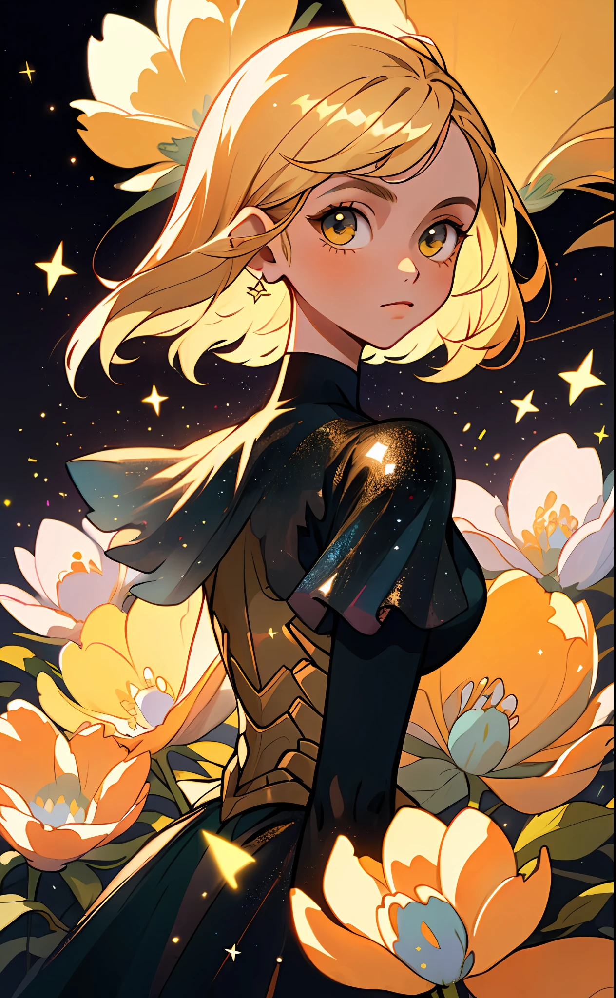 (best quality, masterpiece), 1girl, galaxy, glitter, dress, particle, wind, flower, upper body, dark simple background, looking at viewer, blonde,