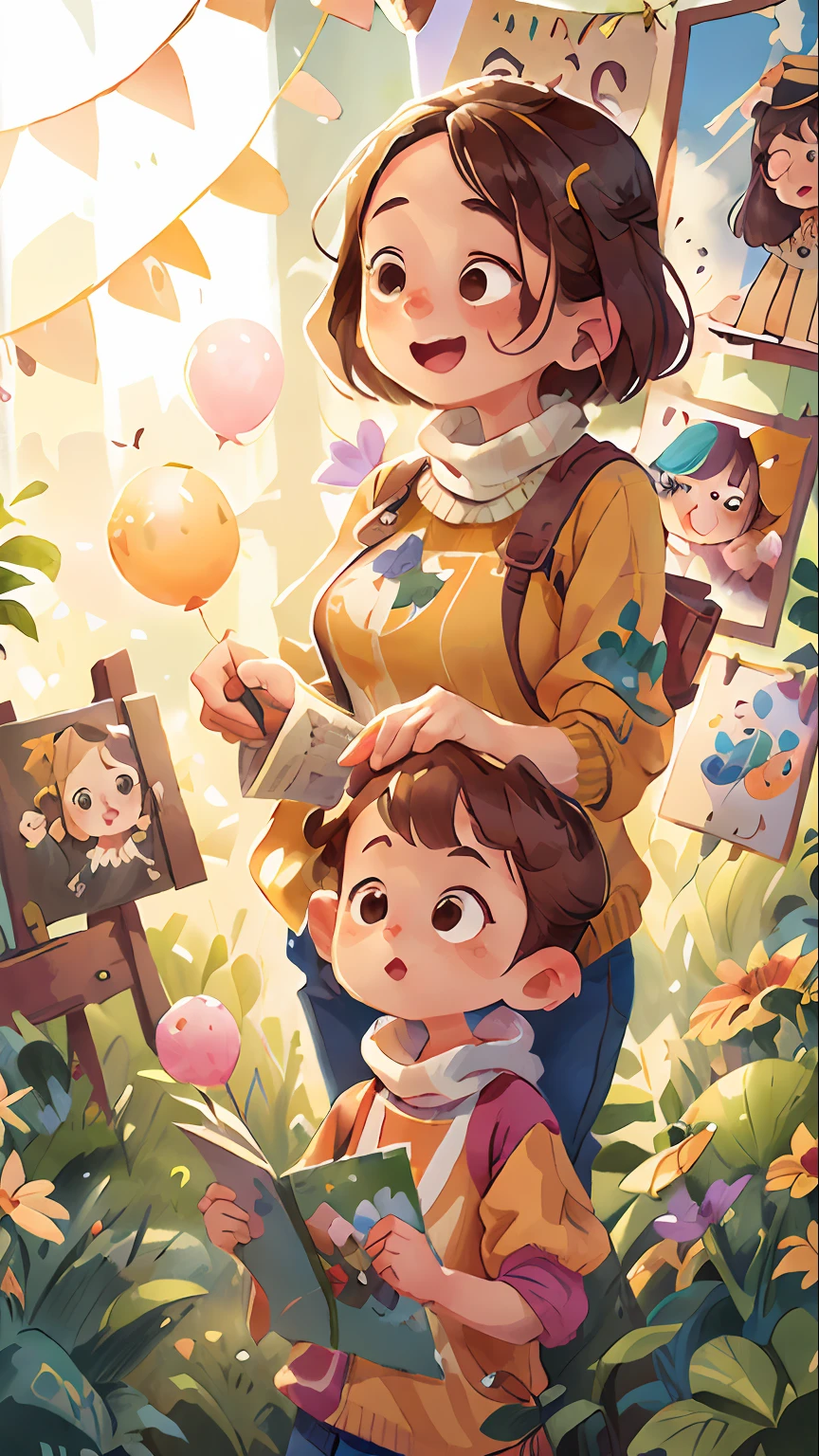 ((Mother's Day illustration+poster for)),The painting style is fresh,Balloon details are realistic,One mother+Gamine,Multi-balloon composition,Perfectly clear details|Fresh green tones+A strong sense of joy,Keep warm and comfortable,The details are perfectly presented