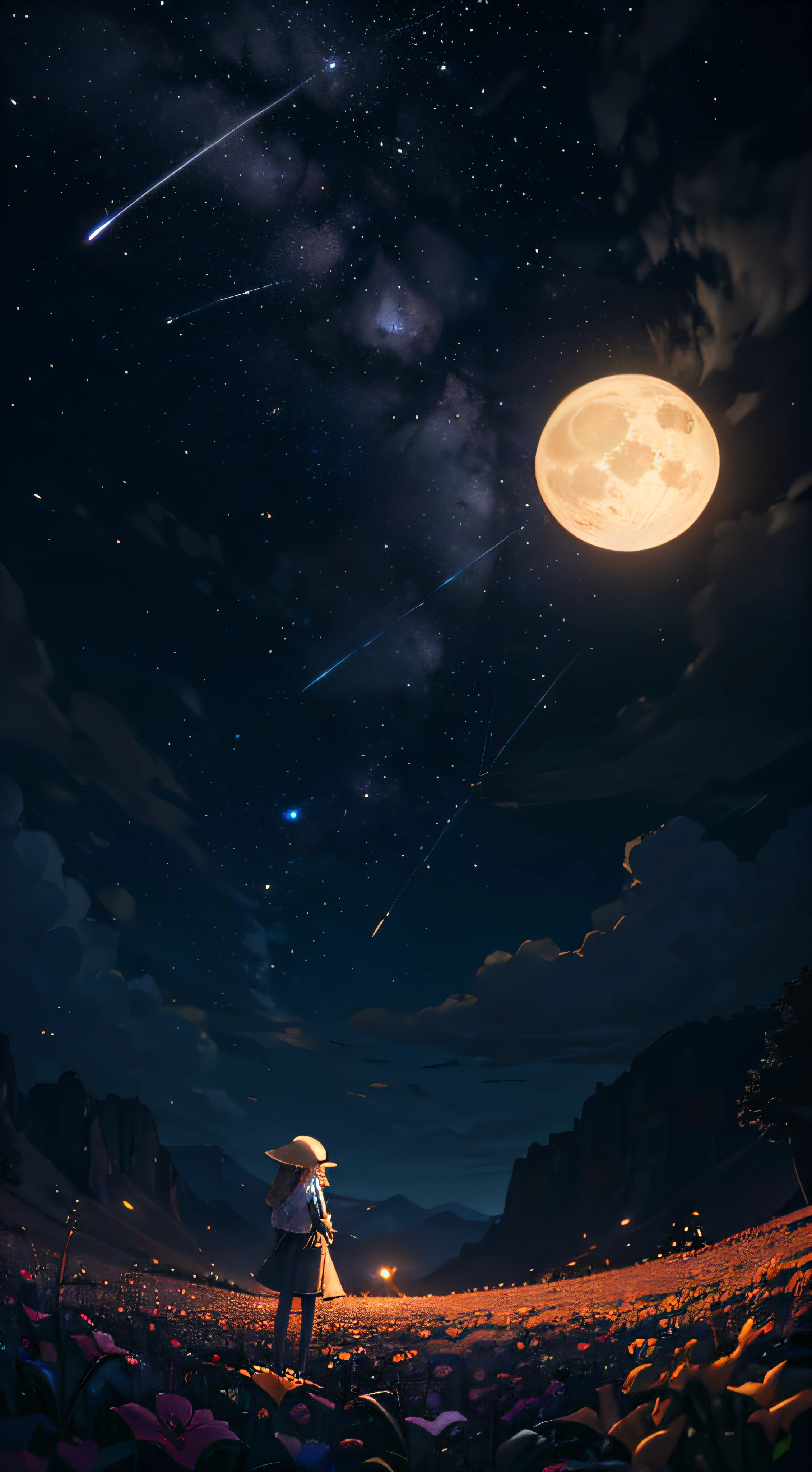 Expansive landscape photograph, (view from below with a view of the sky and the wilderness below), little girl standing in a flower field looking up, (full moon: 1.2), (shooting star: 0.9), (nebula: 1.3), distant mountain, tree break production art, (warm light source: 1.2), (firefly: 1.2), lamp, purple and orange, intricate detail, volume lighting BREAK (masterpiece: 1.2), (highest quality ), 4k, ultra-detailed, (dynamic configuration: 1.4), highly detailed and colorful details (iridescent: 1.2), (sparkling lighting, atmospheric lighting), dreamy, magical, (solo: 1.2) --auto