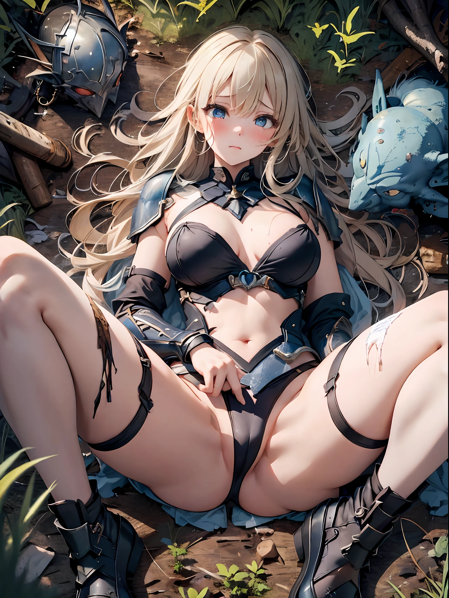 NSFW, masterpiece, Best quality, Ultra high definition, Maximum resolution, Very detailed, Professional lighting, anime, single girl, slender, very cute, young face, hands restrained, armored dress, blue and white armor, white panties, golden decoration, torn clothes, wet clothes, (sheer clothes: 1.1), fluffy breasts, blonde hair, blue eyes, crying, tearing, lying down, open legs, legs raised, cleavage, ( Multiple Goblins: 1.5), Attacked by Goblins, Into the Forest
