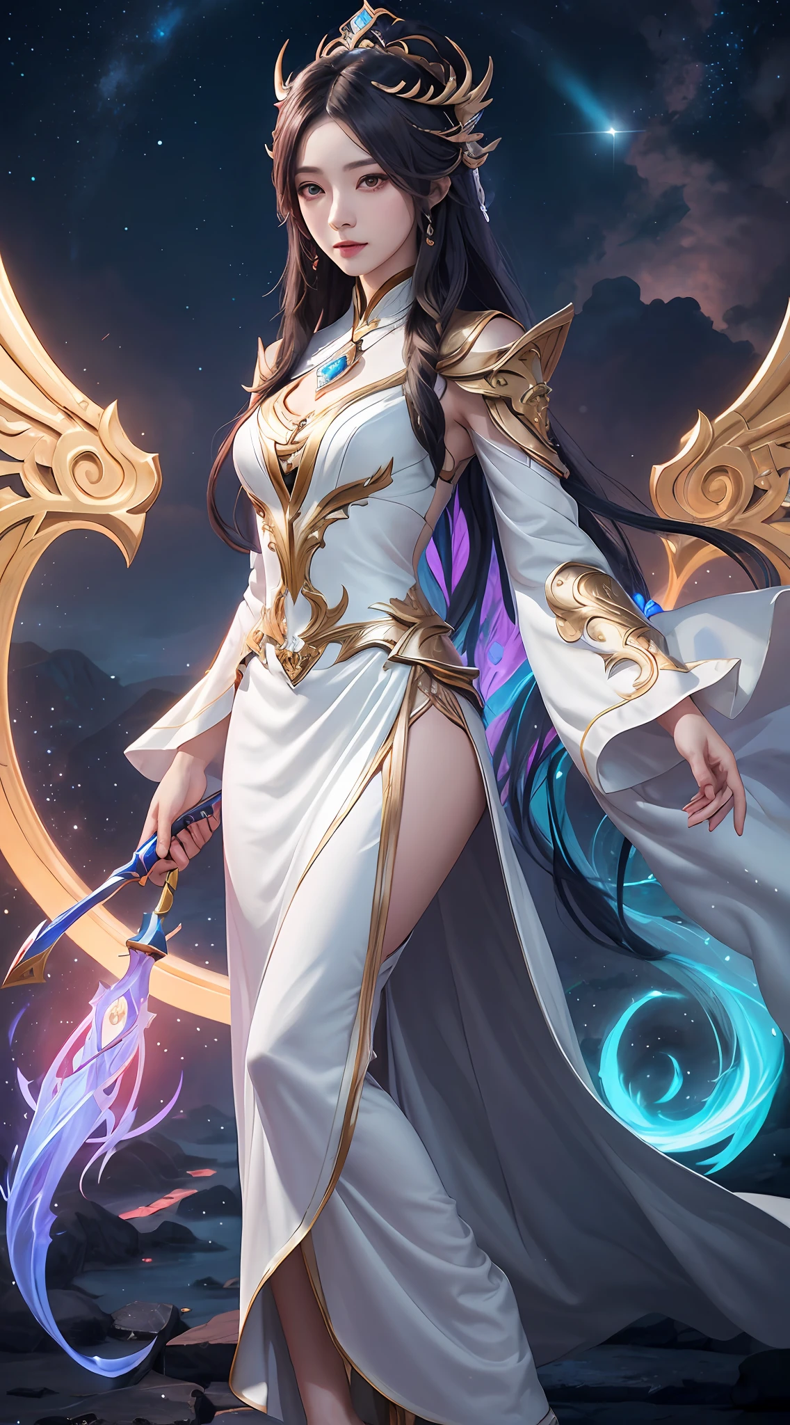 anime - style image of a woman in a white dress with long hair, full body xianxia, goddess. extremely high detail, trending on cgstation, irelia from league of legends, beautiful celestial mage, 8k high quality detailed art, irelia, astral witch clothes, highly detailed exquisite fanart, smooth anime cg art, extremely detailed goddess shot
