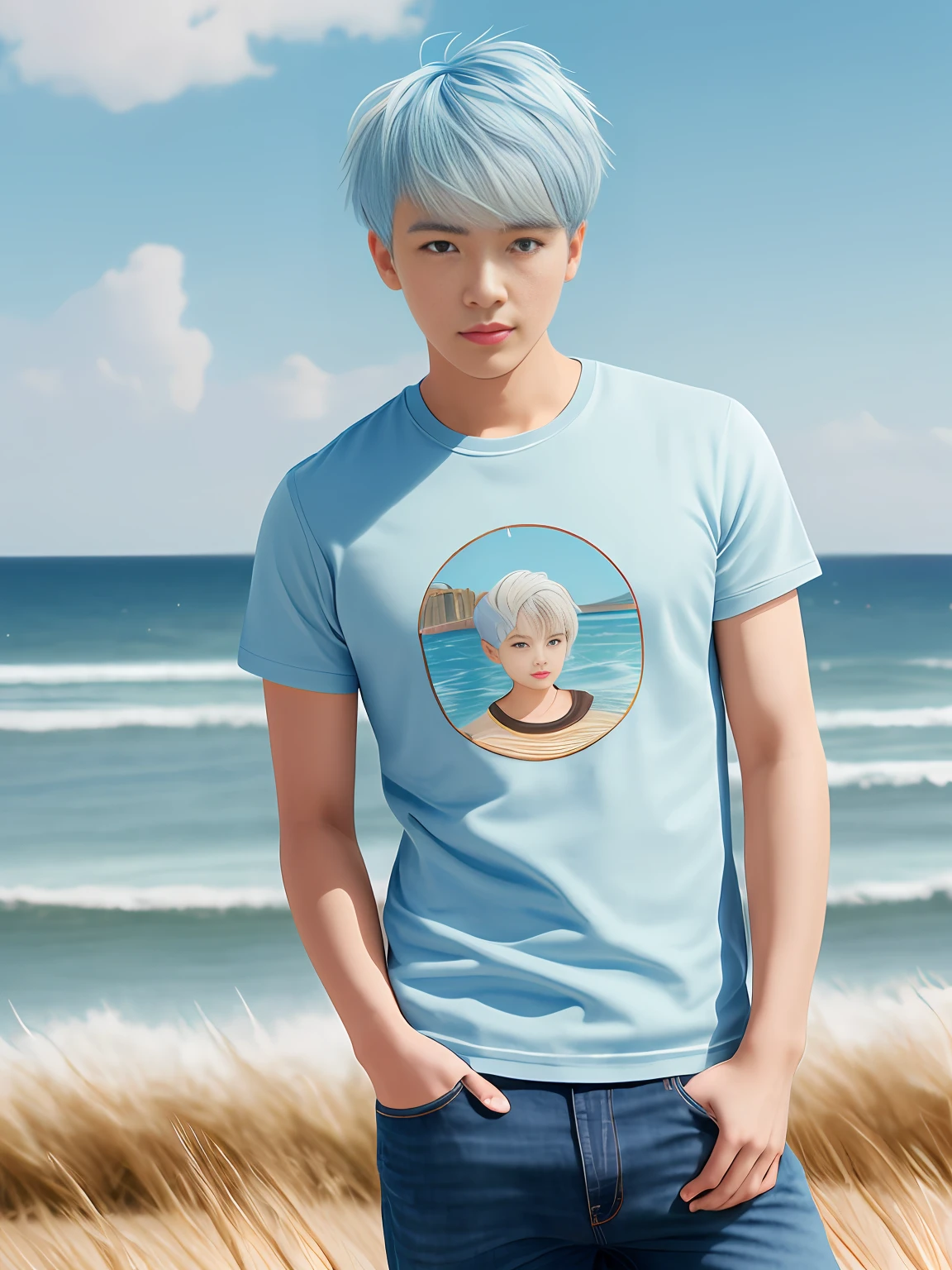 Kizi,white color hair,Japanese,denim pant,blue-sky,baiyun,sandbeach,volleyball,swim ring