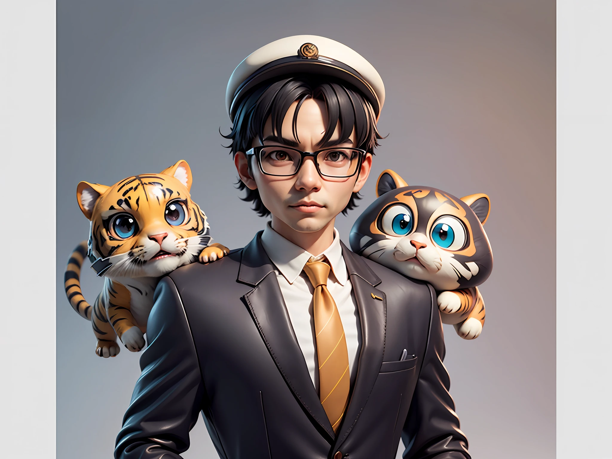 Young man with oriental face in leather hat, tiger, oriental face in formal suit, short black hair, silver glasses, digital painting, 3D character design by Mark Clairedon and Pixar and Hayao Miyazaki and Akira Toriyama, the illustration is a high-definition illustration in 4K resolution with very detailed facial features and cartoon-style visuals.