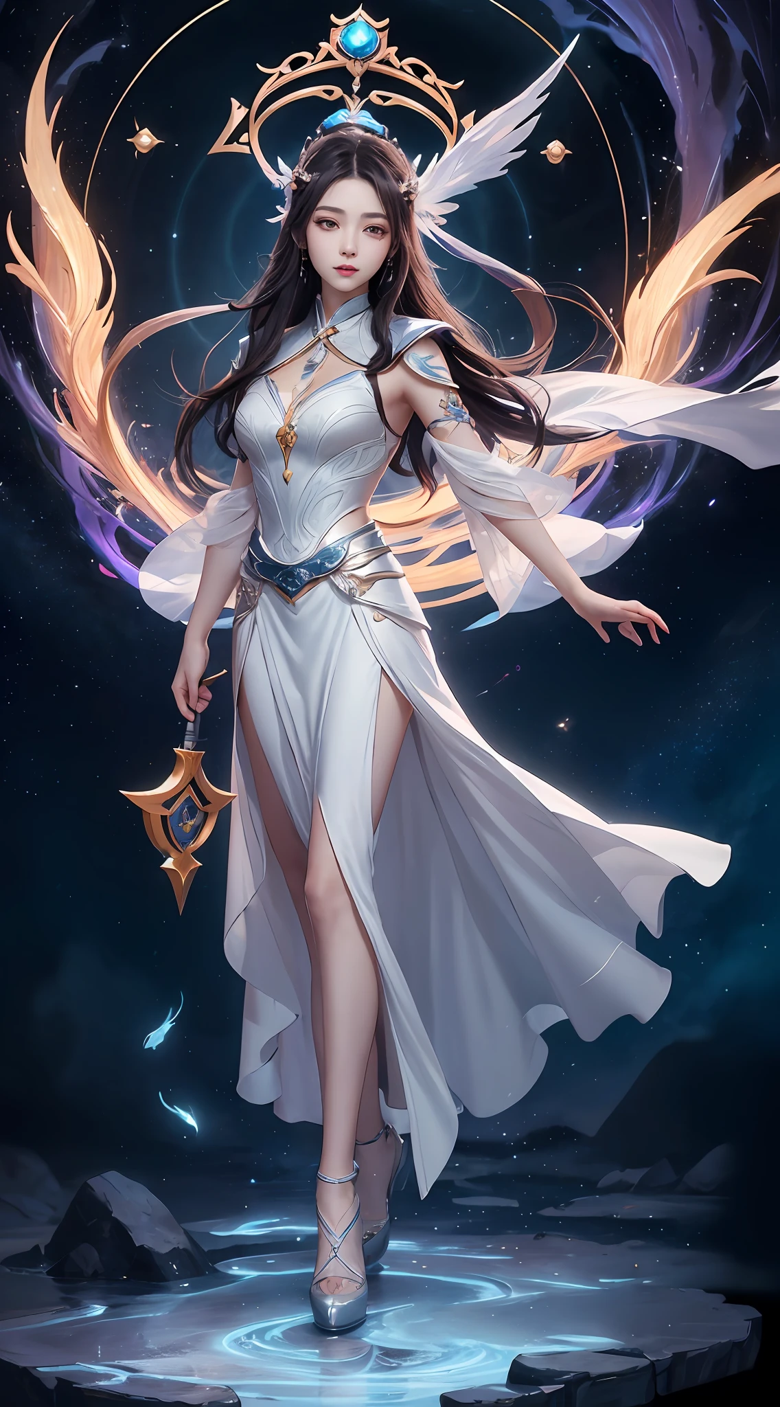 anime - style image of a woman in a white dress with long hair, full body xianxia, goddess. extremely high detail, trending on cgstation, irelia from league of legends, beautiful celestial mage, 8k high quality detailed art, irelia, astral witch clothes, highly detailed exquisite fanart, smooth anime cg art, extremely detailed goddess shot