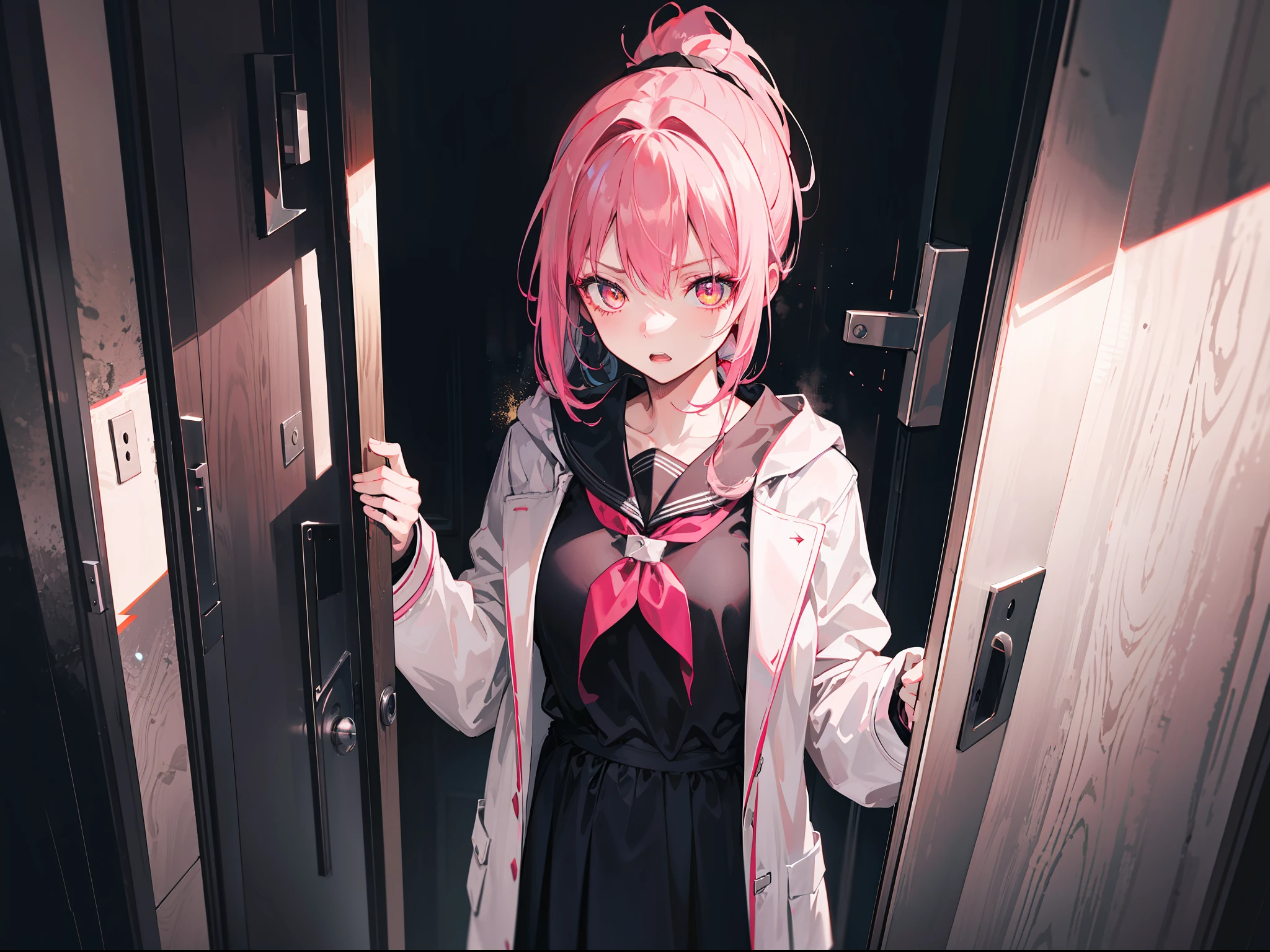 "Epic dark atmosphere, stunning 4k artwork featuring a scared girl with ponytail pink hair. Very sharp golden eyes. She was wearing white school Coat. She hiding behind door and looks scared"