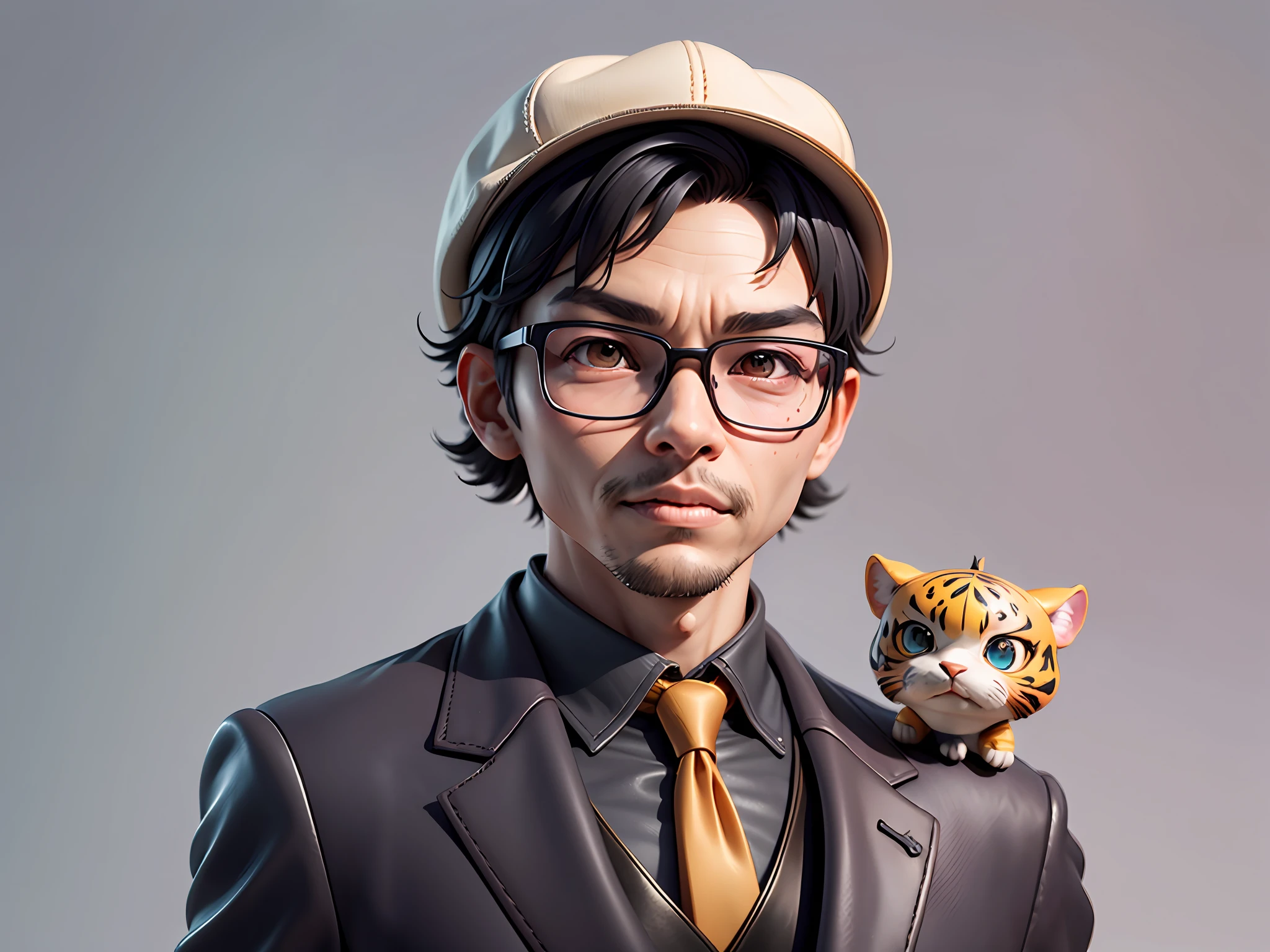 Young man with oriental face in leather hat, tiger, oriental face in formal suit, short black hair, silver glasses, digital painting, 3D character design by Mark Clairedon and Pixar and Hayao Miyazaki and Akira Toriyama, the illustration is a high-definition illustration in 4K resolution with very detailed facial features and cartoon-style visuals.