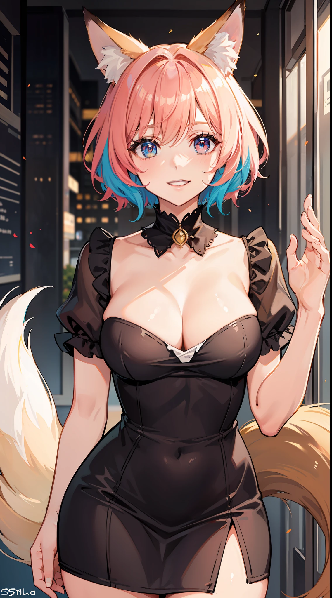 Adult woman, short pink hair, Fox ears, Fox tails, colorful eyes, tight dress, ssmile, Masterpiece, hiquality