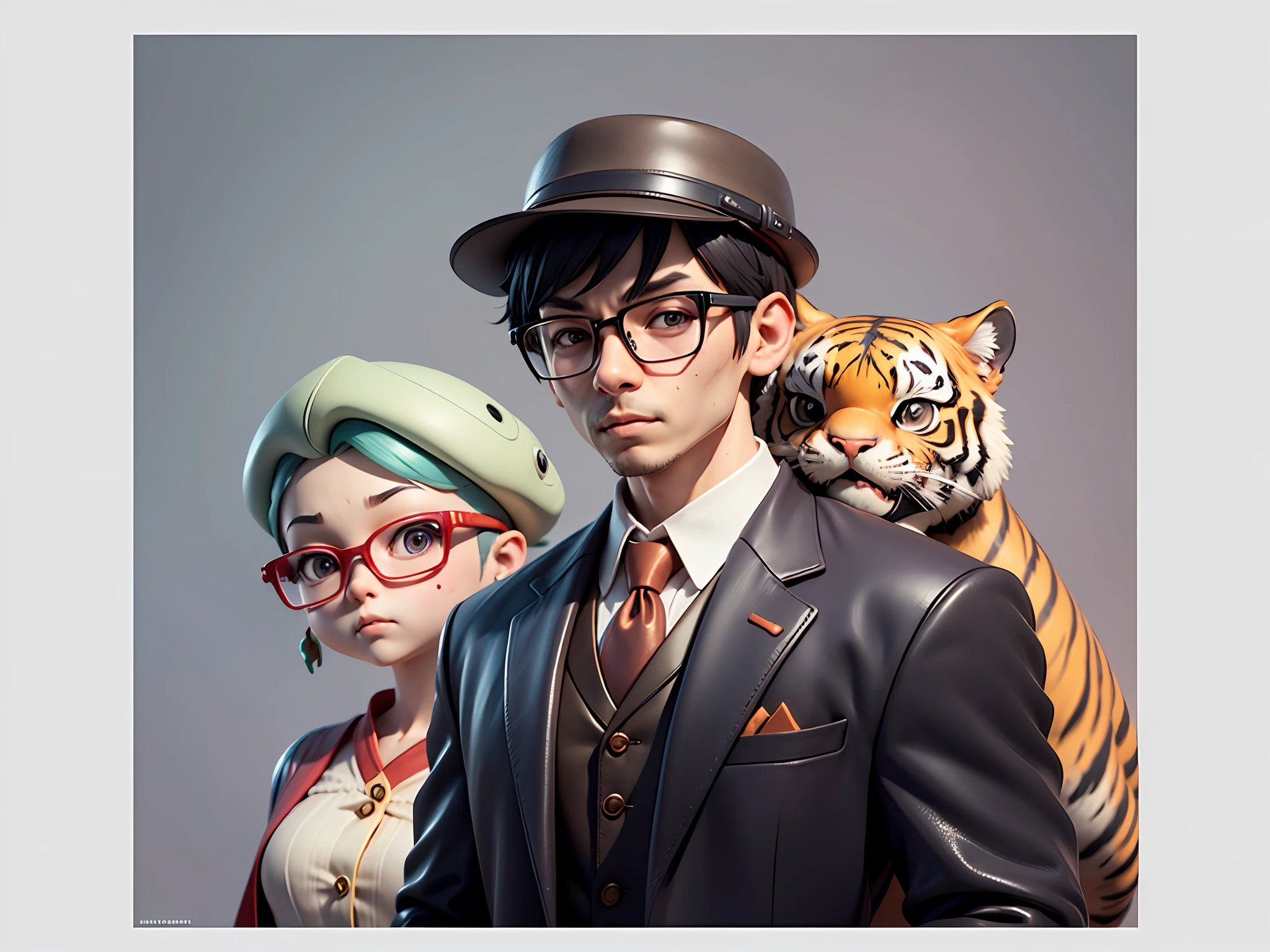 Young man with oriental face in leather hat, tiger, oriental face in formal suit, short black hair, silver glasses, digital painting, 3D character design by Mark Clairedon and Pixar and Hayao Miyazaki and Akira Toriyama, the illustration is a high-definition illustration in 4K resolution with very detailed facial features and cartoon-style visuals.