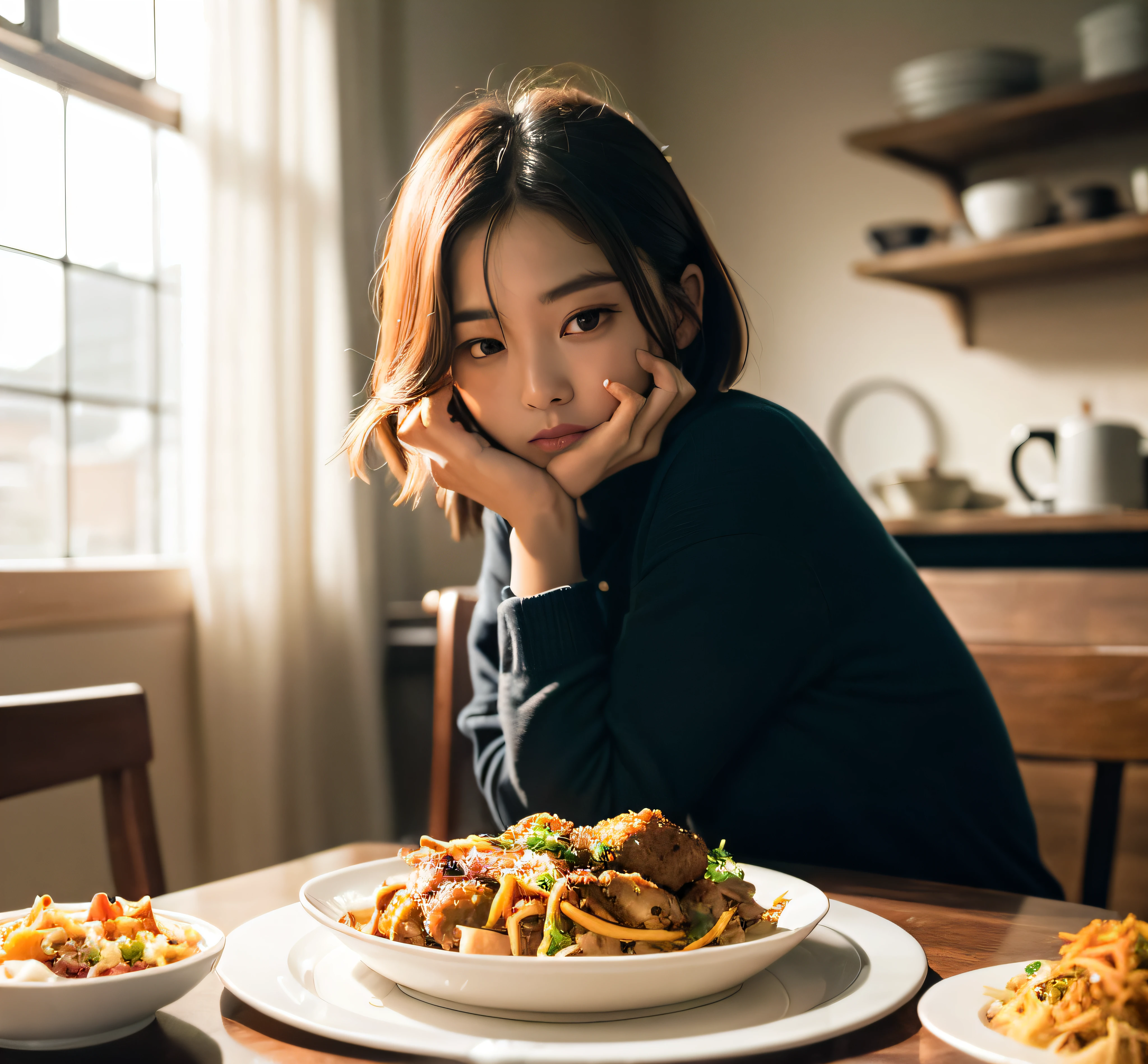 The Araved woman sat at the table，Carrying a plate of food, jaeyeon nam, ulzzangs, Shin Jinying, Choi Hyun-hwa, Lee Ji-eun, lee ji eun, lalisa manobal, 19-year-old girl, xintong chen, with short hair, taken with sony alpha 9, sakimichan