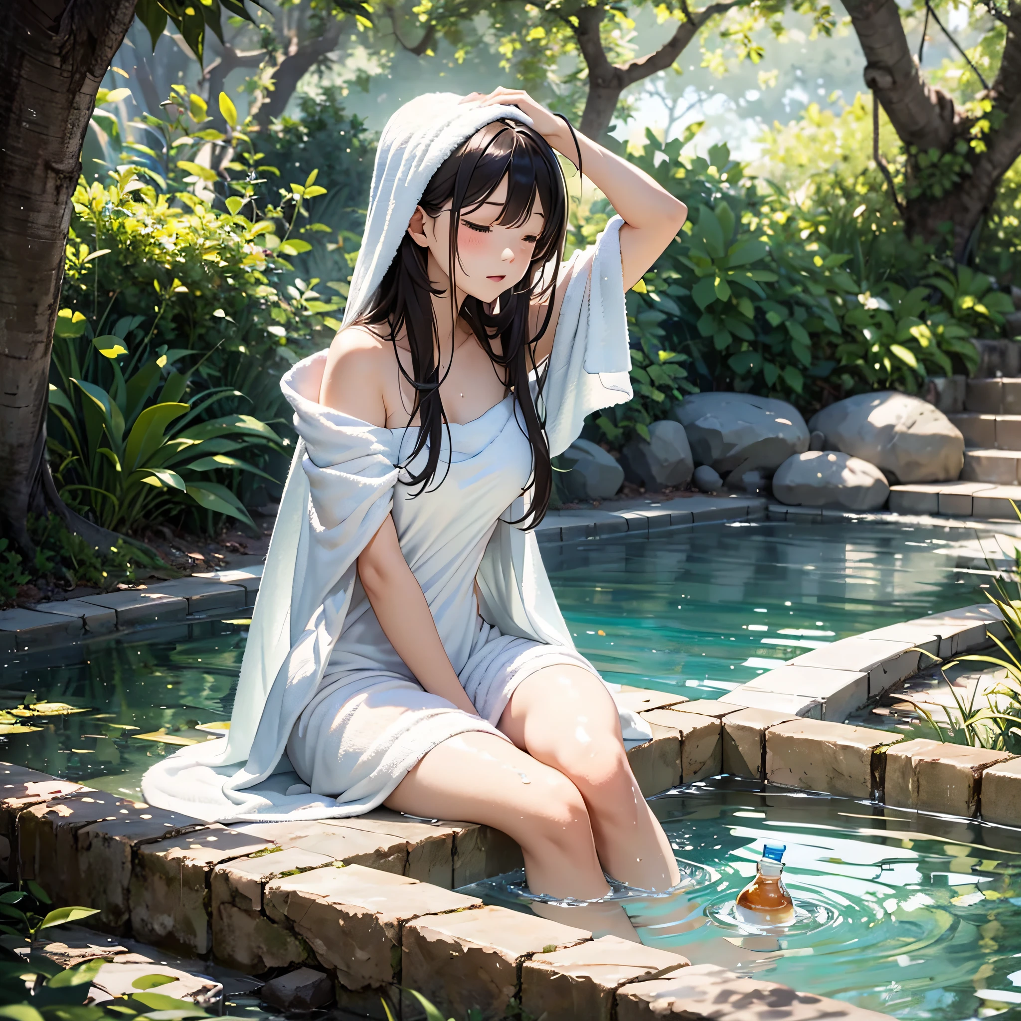 Beautiful girl sitting on a chair in the shade of a tree, putting her bare feet on a tub filled with ice water, and dozing off with a bath towel over her head、​masterpiece、realisitic