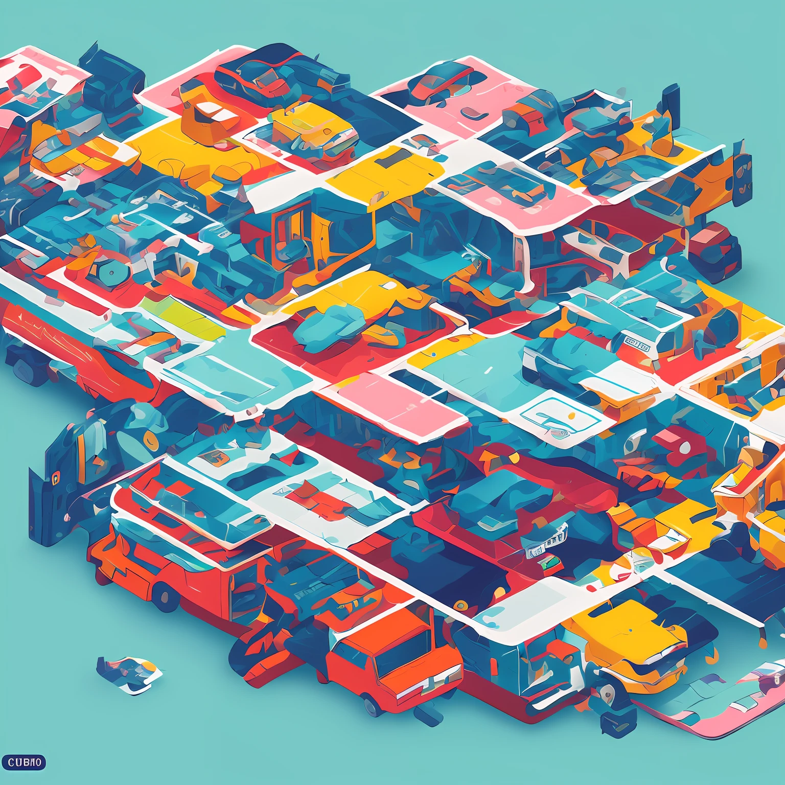 There is a colorful cube，There are a lot of different things on it, Inspired by:《Unknown crew》, in style of laurie greasley, isometric illustration, big tech art style, cubes, 3d grainy aesthetic illustration, Isometric art, isometric illustration fun, victo ngai! cmyk palette, borne space library artwork, cubo-futurism --auto