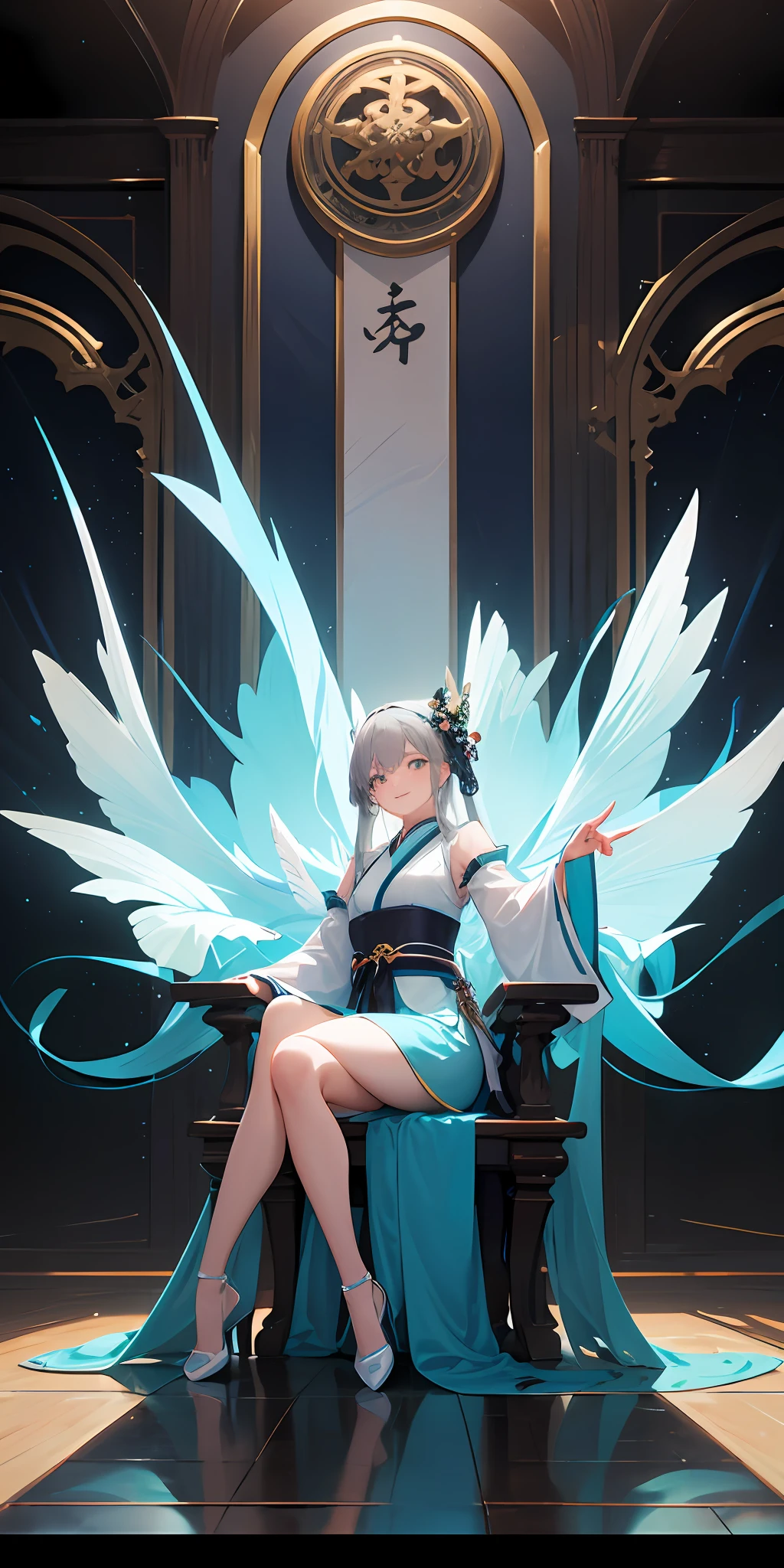 Anime goddess，Sit on the throne，Turquoise clothes，tmasterpiece，Highest quality，Smile gently，Look at the audience with a dignified posture，8k wallpaper，Fashionab，with dynamism，Movie light，Best picture quality，Caustics，Gray hair flutters in the wind，A high resolution，Ray traching，The background is bright cyan，Advanced CG，Refined looks，Hanfu