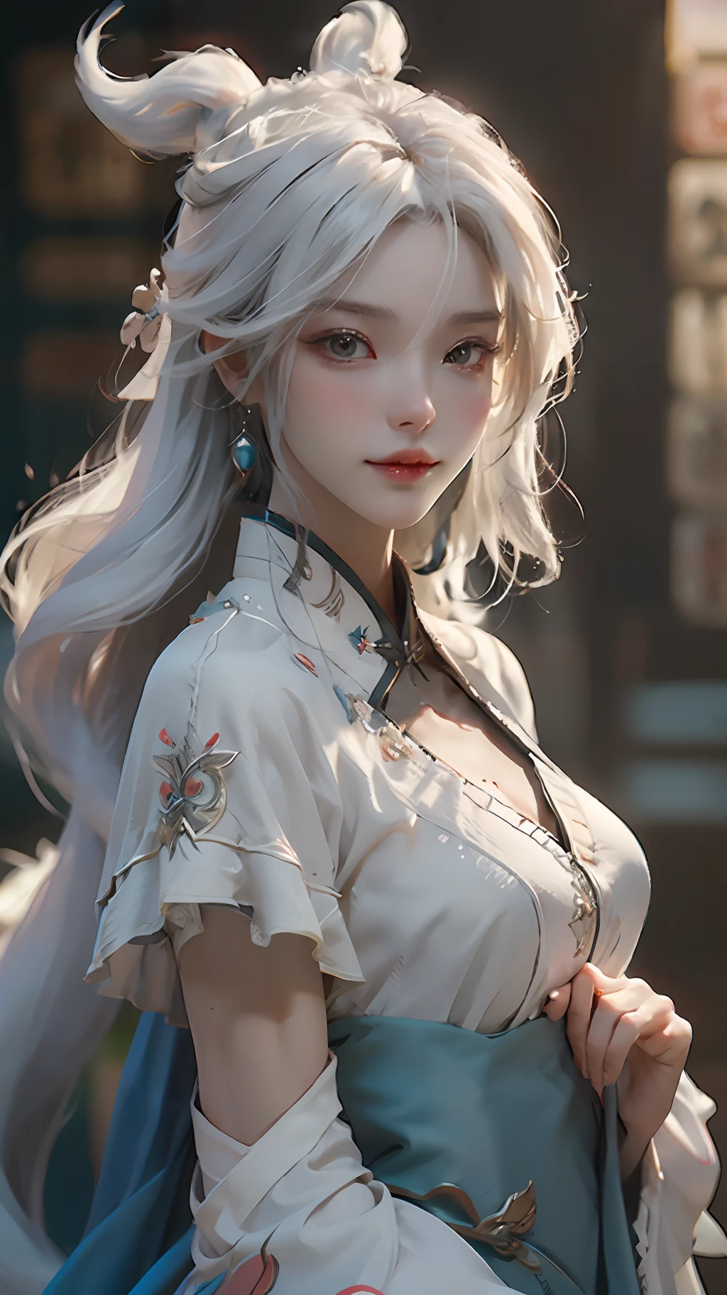 tmasterpiece，Best quality，(the detail:1.4), Make friends with Chinese dragons，intriguing，cheerfulness，Charming，brightly，drak，Close-up of a woman with white hair，Belle peinture de personnage，Guviz-style artwork，White-haired god，Epic and beautiful character art，Stunning character art，Ray traching,NVIDIA RTX,Hyper-Resolution,Unreal 5,Subsurface scattering、PBR Texture、post-proces、Anisotropy Filtering、depth of fields、maximum definition and sharpness、The costumes and facial expressions of the characters are very detailed，Displays a detailed description，Many-Layer Textures、Albedo e mapas Speculares、Surface coloring、Accurate simulation of light-material interactions、perfectly proportions、rendering by octane、Two-colored light、largeaperture、Low ISO、White balance、the rule of thirds、8K raw data