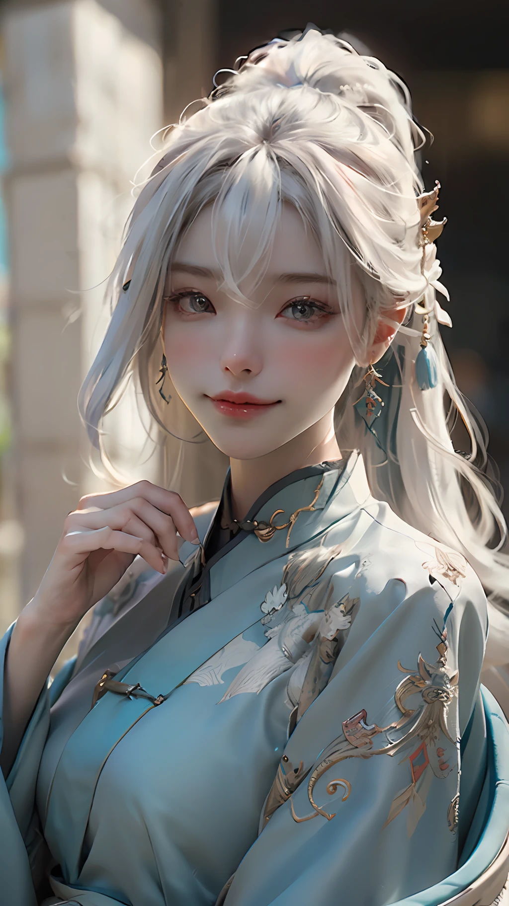 tmasterpiece,Best quality,(the detail:1.4), Make friends with Chinese dragons,intriguing,cheerfulness,Charming,brightly,drak,Close-up of a woman with white hair,Belle peinture de personnage,Guviz-style artwork,White-haired god,Epic and beautiful character art,Stunning character art,Ray traching,NVIDIA RTX,Hyper-Resolution,Unreal 5,Subsurface scattering、PBR Texture、post-proces、Anisotropy Filtering、depth of fields、maximum definition and sharpness、The costumes and facial expressions of the characters are very detailed,Displays a detailed description,Many-Layer Textures、Albedo e mapas Speculares、Surface coloring、Accurate simulation of light-material interactions、perfectly proportions、rendering by octane、Two-colored light、largeaperture、Low ISO、White balance、the rule of thirds、8K raw data