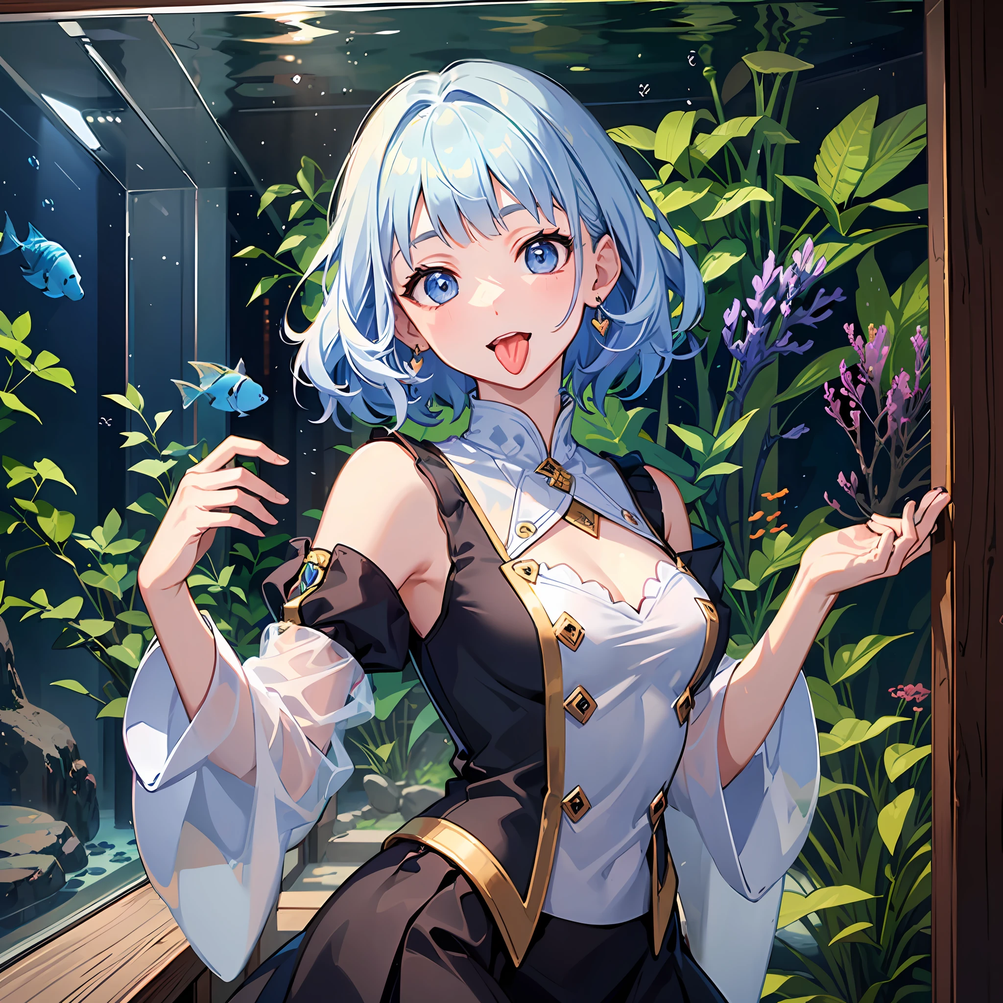 (masterpiece:1.3), (best quality:1.3), high resolution, 


couboy shot, 
head tilt, Body facing forward, 

(one cute girl:1.3), solo, 
white skin, small Breast, eight-headed person, 
light blue hair, (bobbed hair:1.2), short hair, (blunt bangs:1.2), beautiful hair, blue eyes, beautiful detailed eyes, 

(tongue out:1.3), heart, cheerful smile, 

casual clothes, blue check skirt, detached sleeves, earrings, 

indoors, (aquarium:1.2),  fishs, 

shadowlighting,