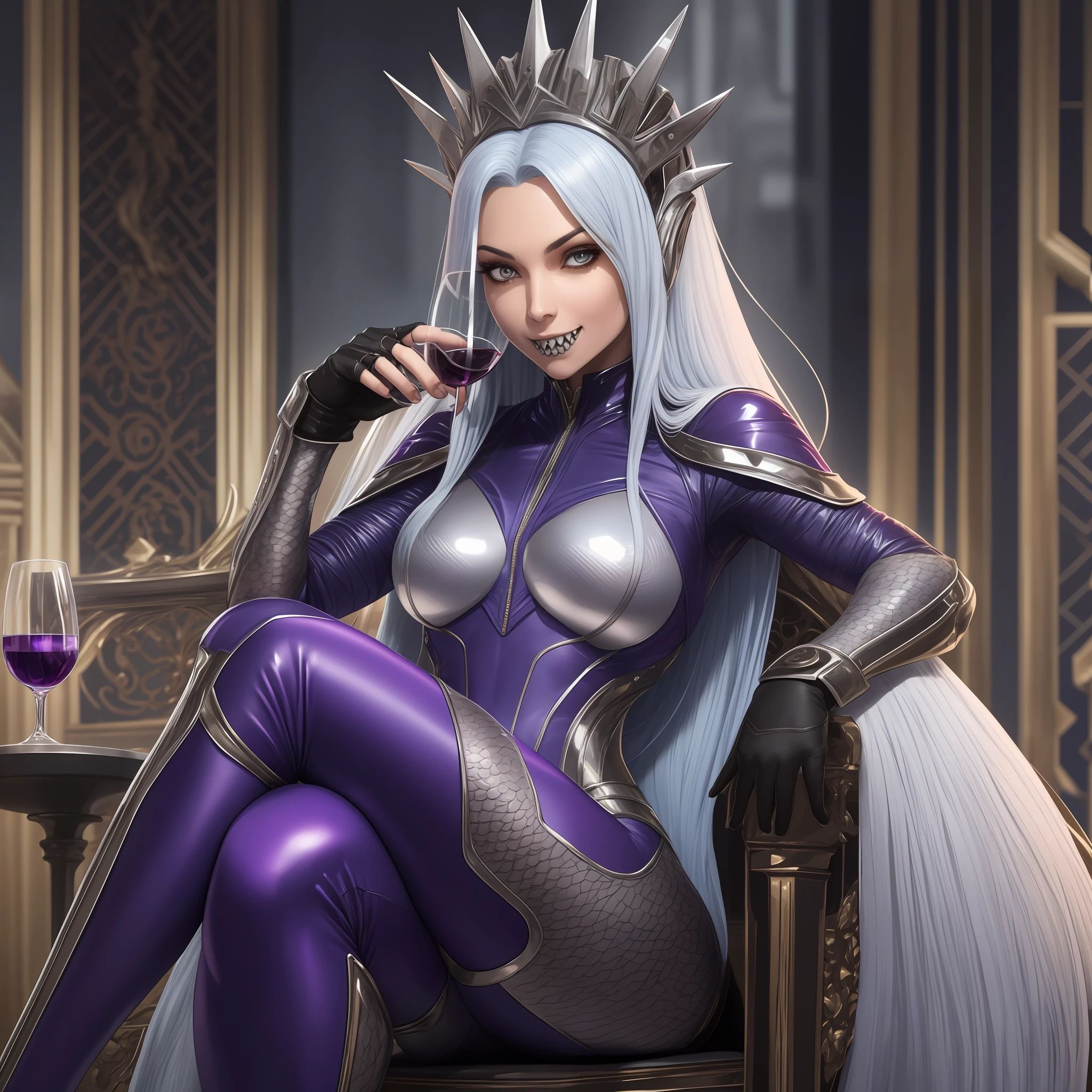 An alien woman with grey scaly skin and long blue hair, with black eyes and sharp teeth, sitting on a silver throne, wearing a skintight space suit with military medals on it, enjoying a glass of purple wine