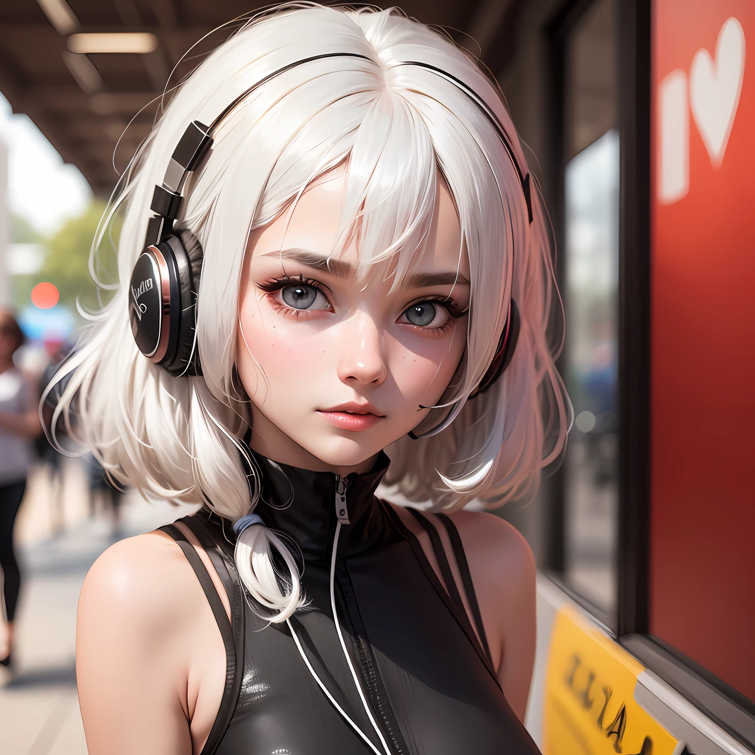 white hair, headphones, heart-shaped pupils, textured skin, high details, award winning, highres, 16k