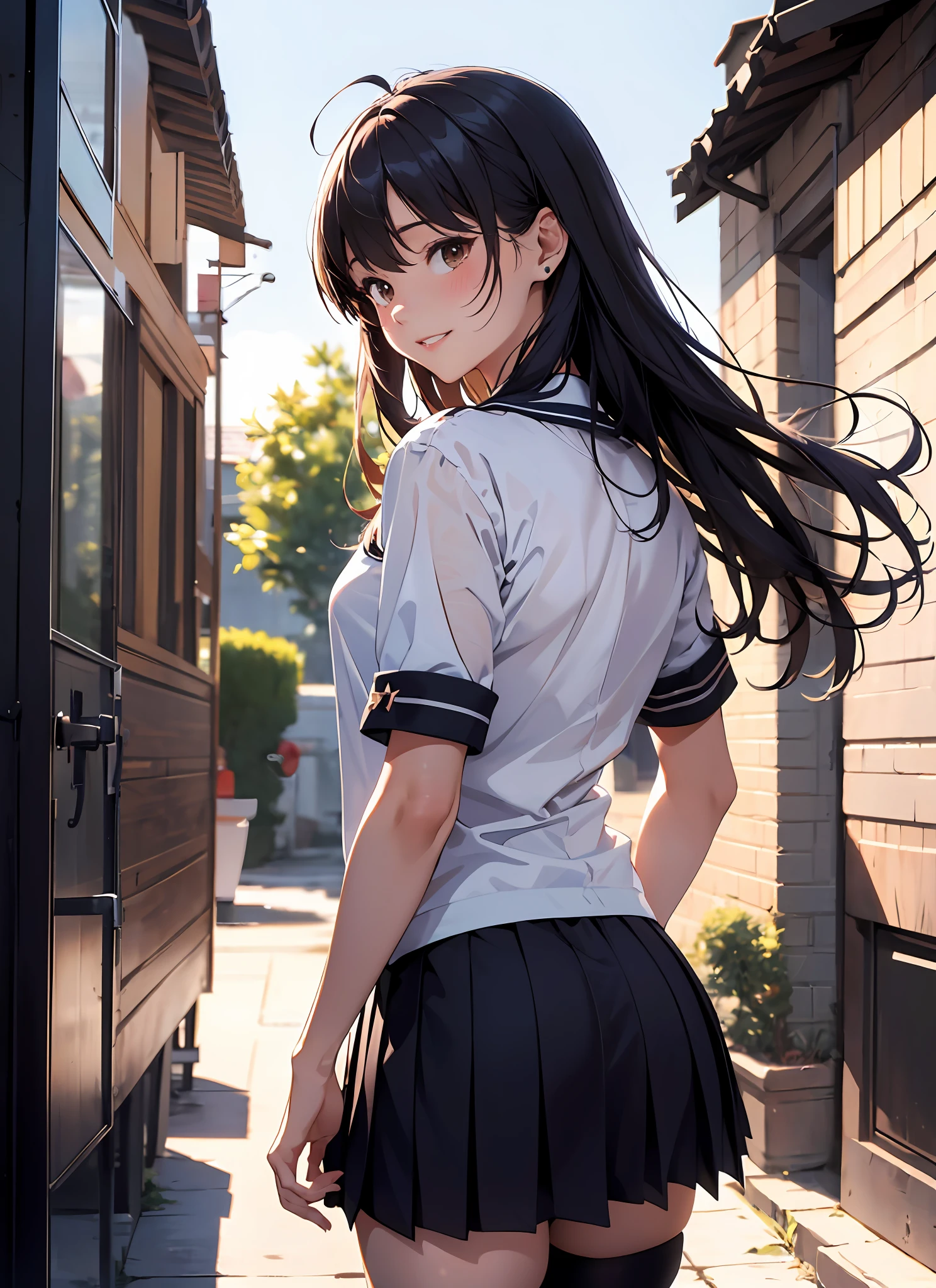 (masterpiece, best quality, extremely detailed, absurdres, absolutely resolution, 4K, 8K, realistic:1.2) 1girl, solo, ushio, black hair, long hair, ahoge, brown eyes, school uniform, serafuku, short sleeves, pleated skirt, smile, parted lips, from behind, looking back, blush, standing, cinematic lighting,