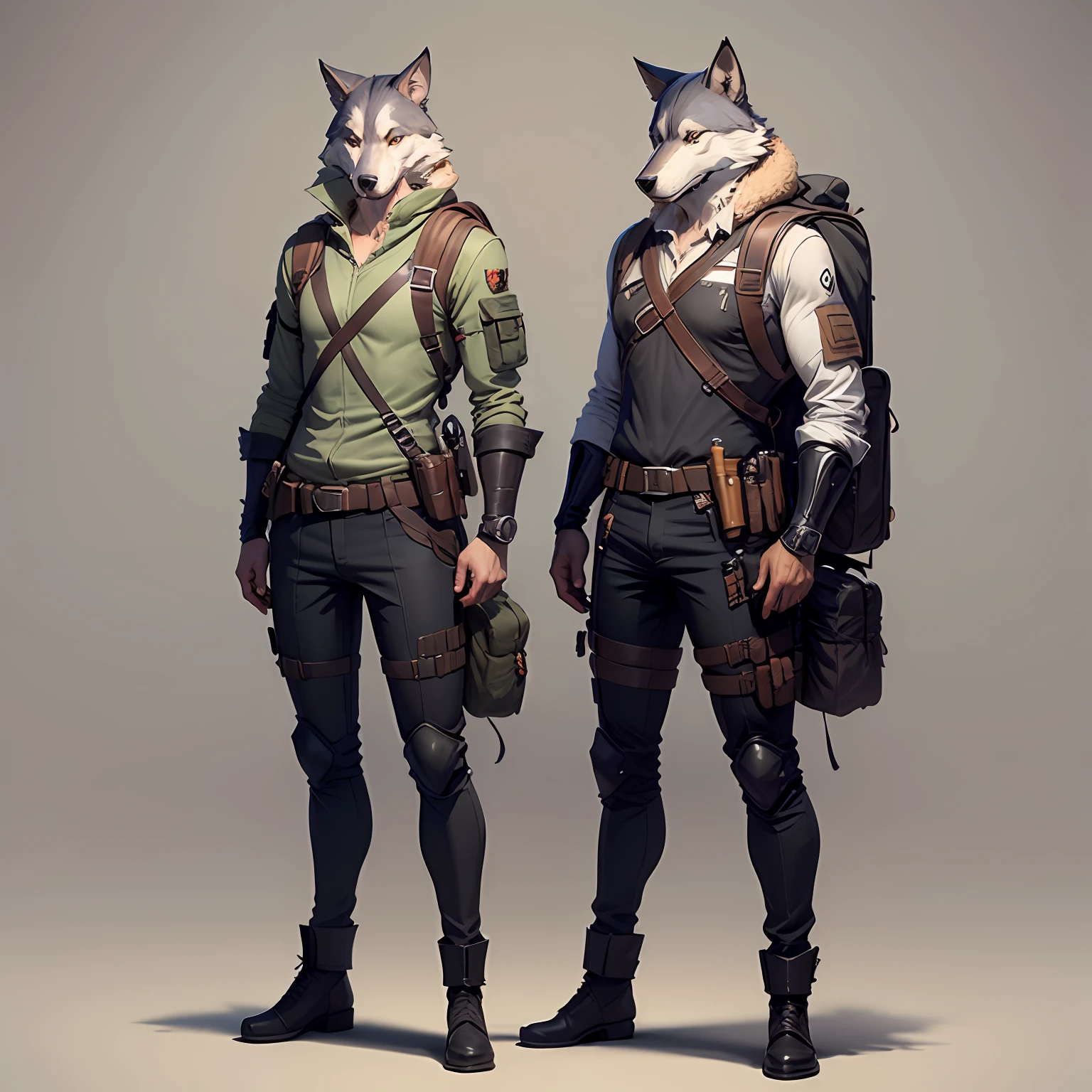 Anime male man wolf standing side by side with gun and backpack, detailed full body concept art, ( ( concept art of character ) ), full body concept art, full body concept, full body character concept art, Full body character design, detailed full-body concept, anime full body illustration, full body character concept, anime concept art, Full body illustration --auto